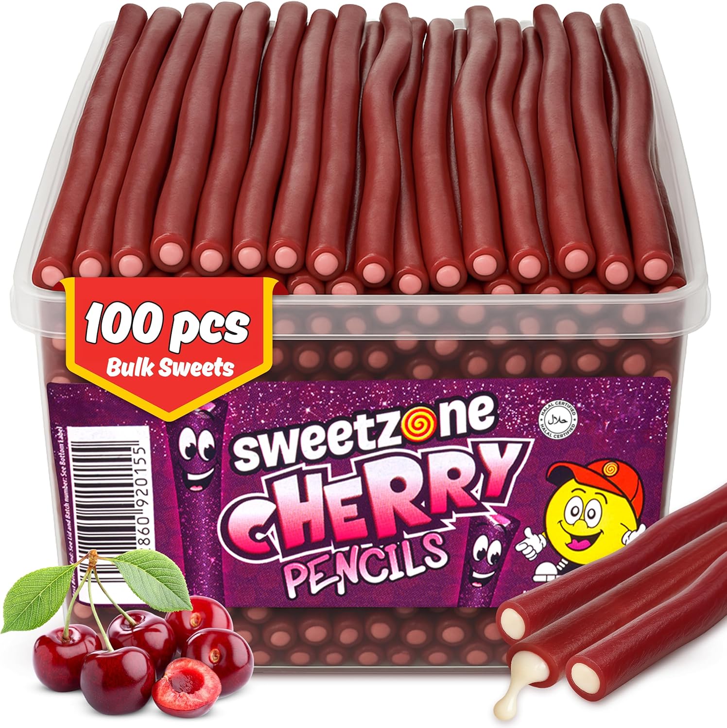 Sweetzone Cherry Pencils, Retro Sweets Tub, Candy Sticks, 100 pcs, Halal Sweet, Sweets Bulk, Gummy American Candies, UK British Candy Enthusiasts