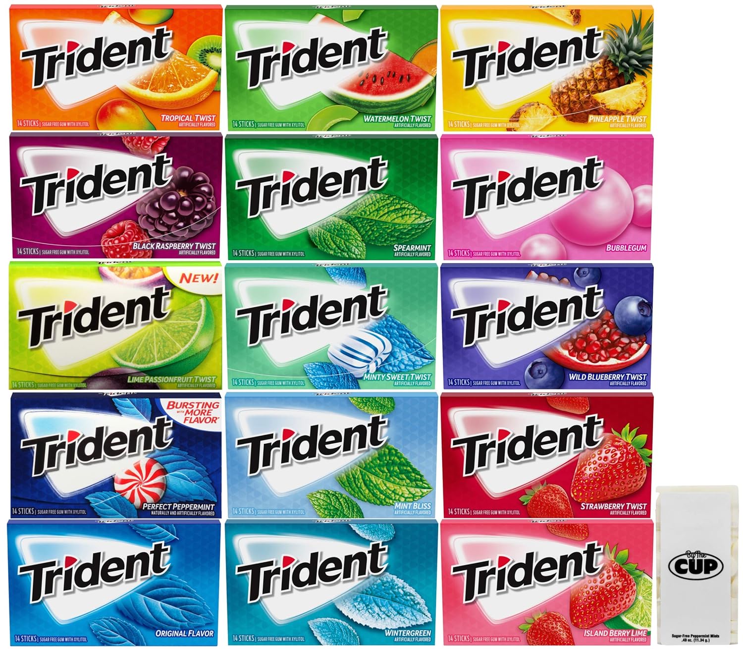 Trident Sugar-Free Chewing Gum Assortment, 15 Flavor - 14 Stick Packs with By The Cup Sugar-Free Mints