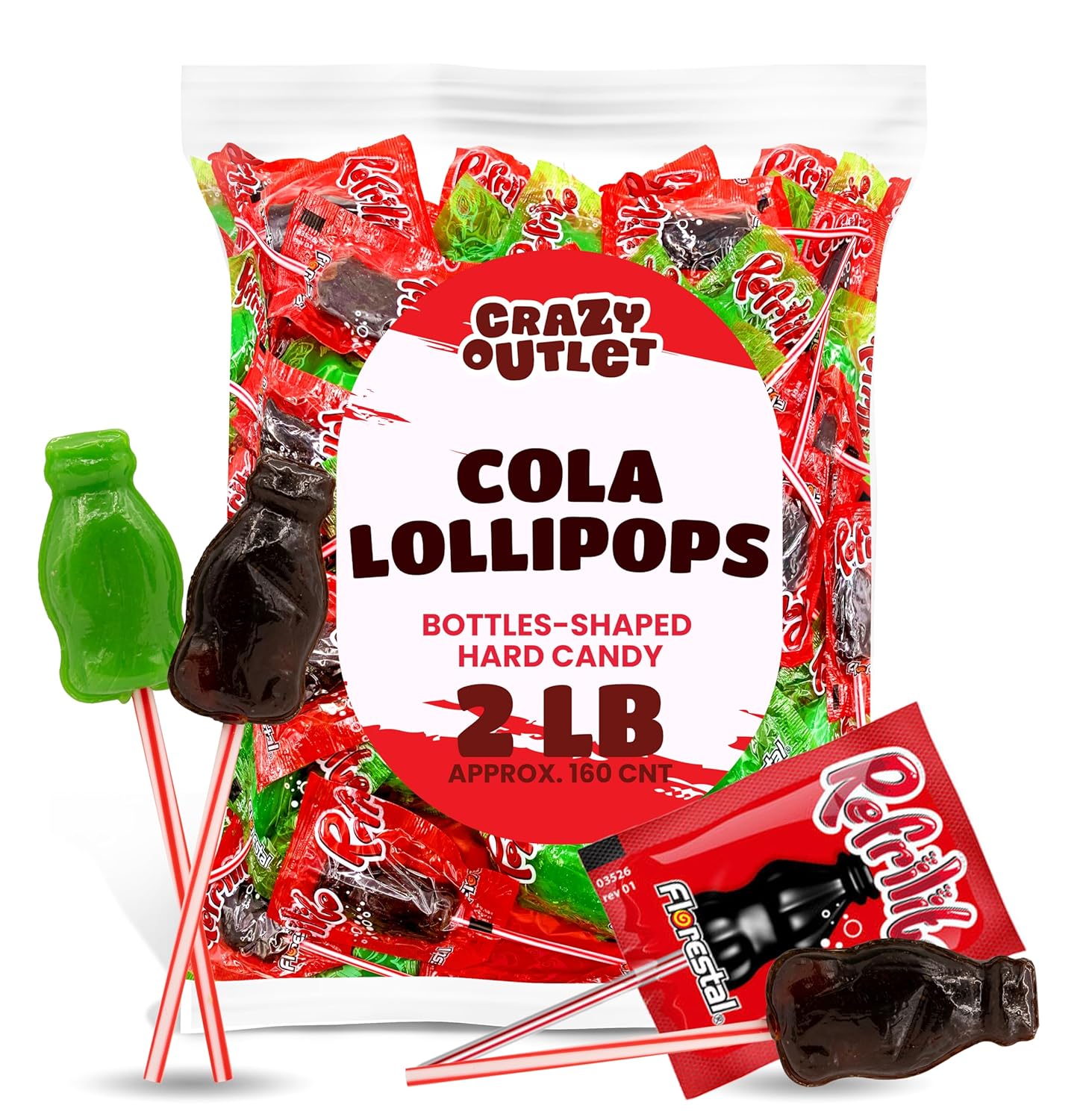 Cola Bottles-Shaped Lollipops Candy, Cola Flavor in Green and Red Wrapping, 2 Pounds (About 60 Count)
