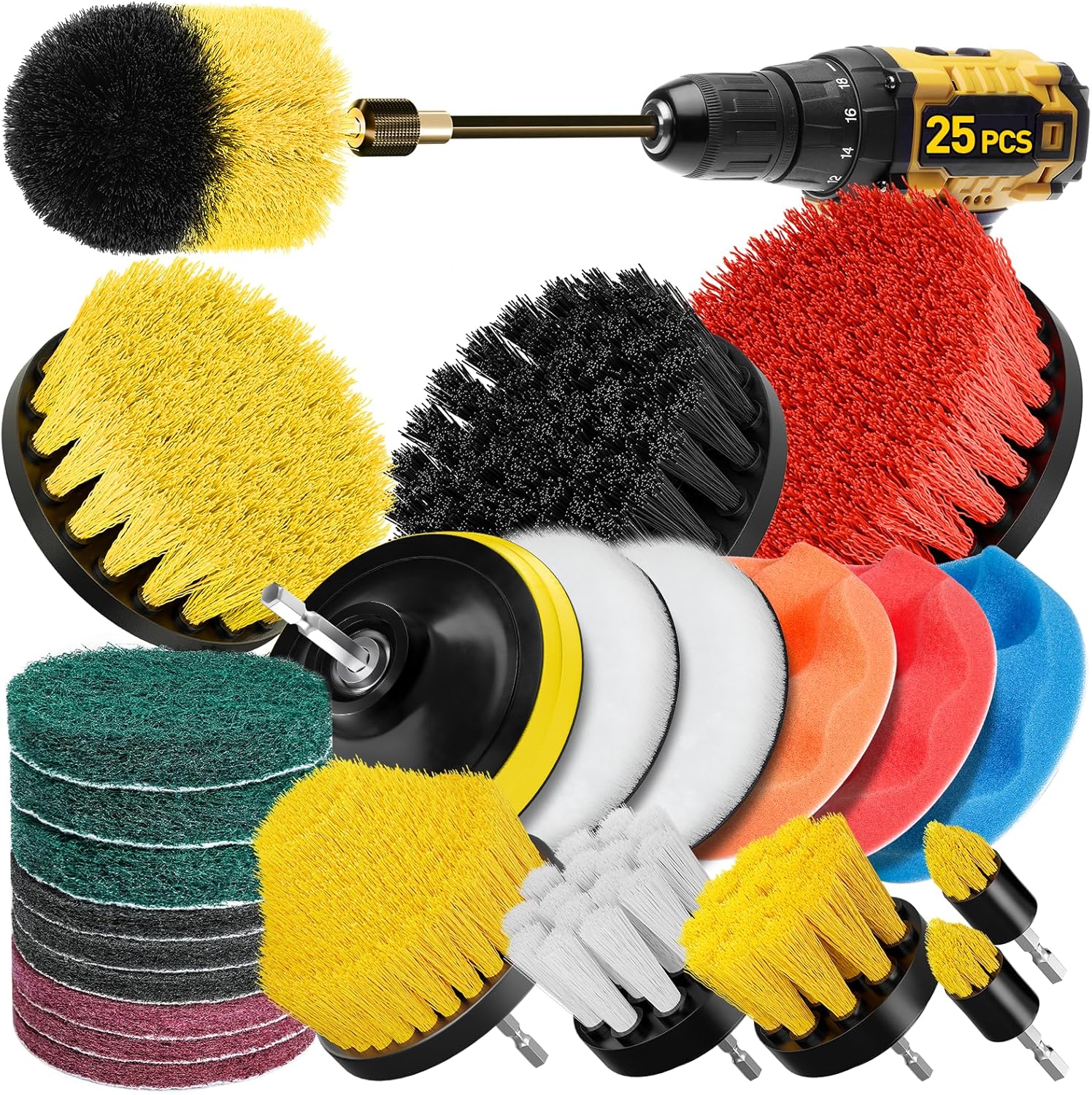 25 Pack Drill Brush Attachment Set, Scrub Pads & Sponge, All Purpose Power Clean Scrubber Brushes with Extend Long Attachment, Car Polishing Pad Kit, Cleaning Supplies for Grout Tile Sink