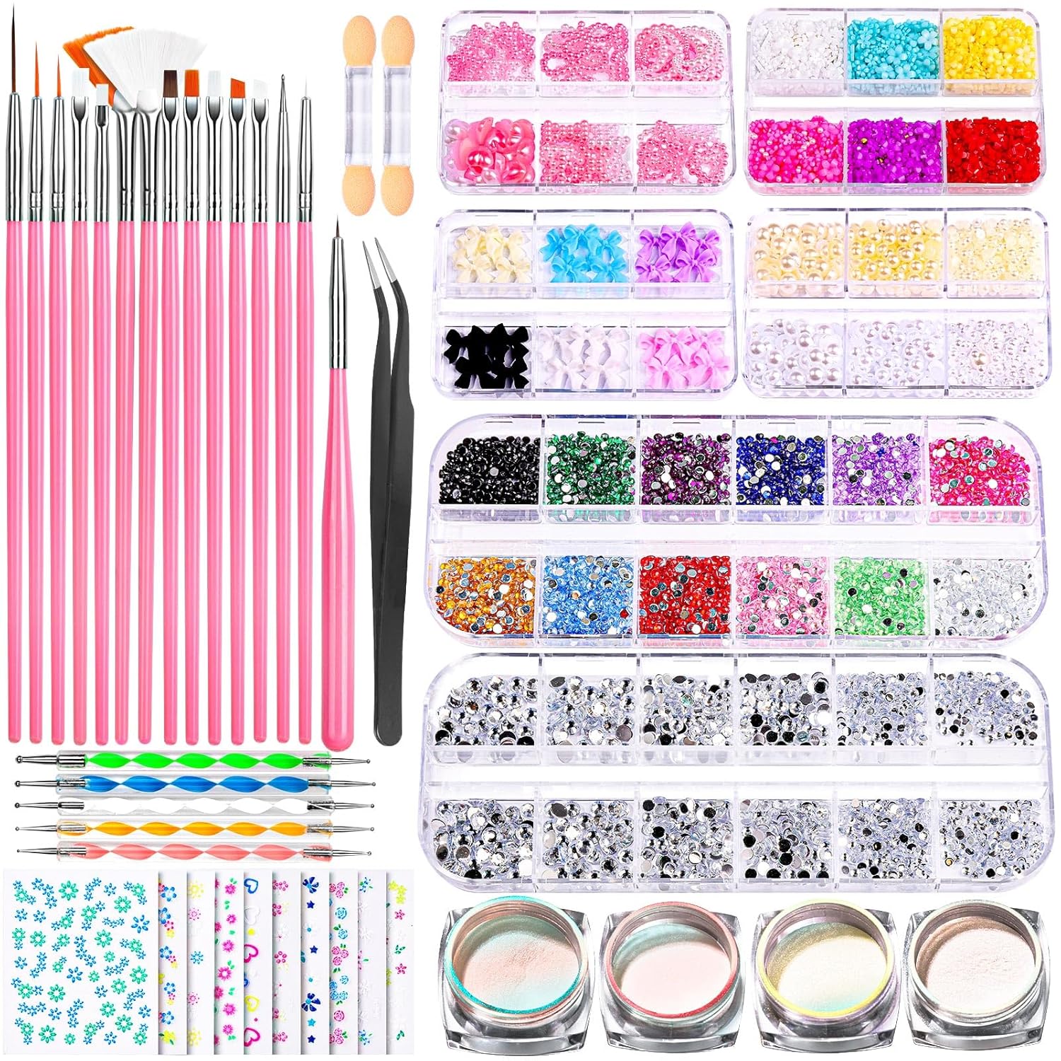 FANDAMEI Nail Art Brushes Set, Nail Art Kit, Nail Design Kit, Nail Dotting Tools, Nail Kit for Beginners, Chrome Nail Powder, Nail Stickers, Nail Rhinestones, Nail Charms Gems Nail Art Decoration Kit