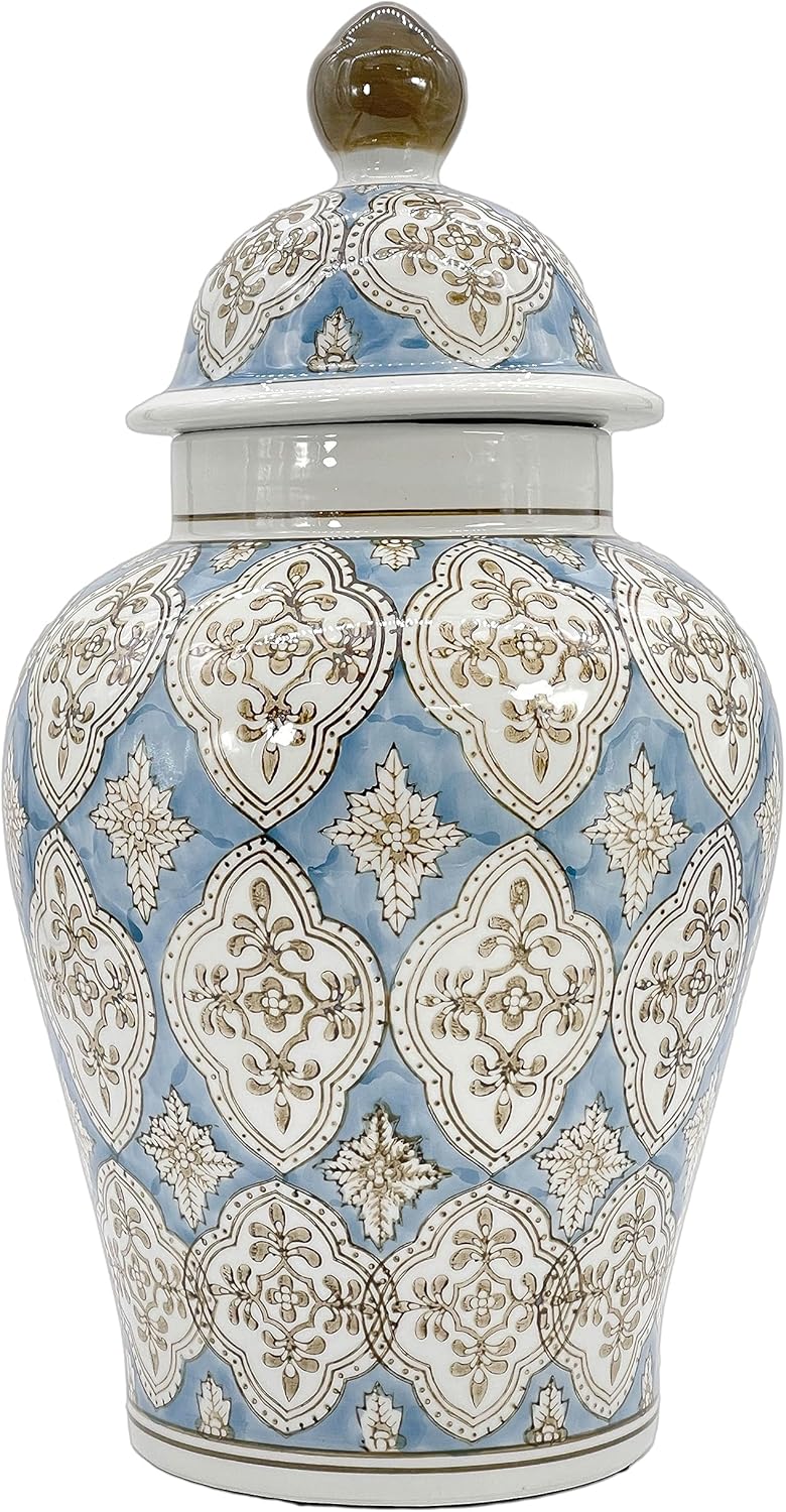 Galt International Light Blue & Brown Hand Painted Mosaic Ceramic Ginger Jar 18" with Lid Porcelain Chinoiserie Temple Jar Vase Kitchen Home Decor for Interior Design