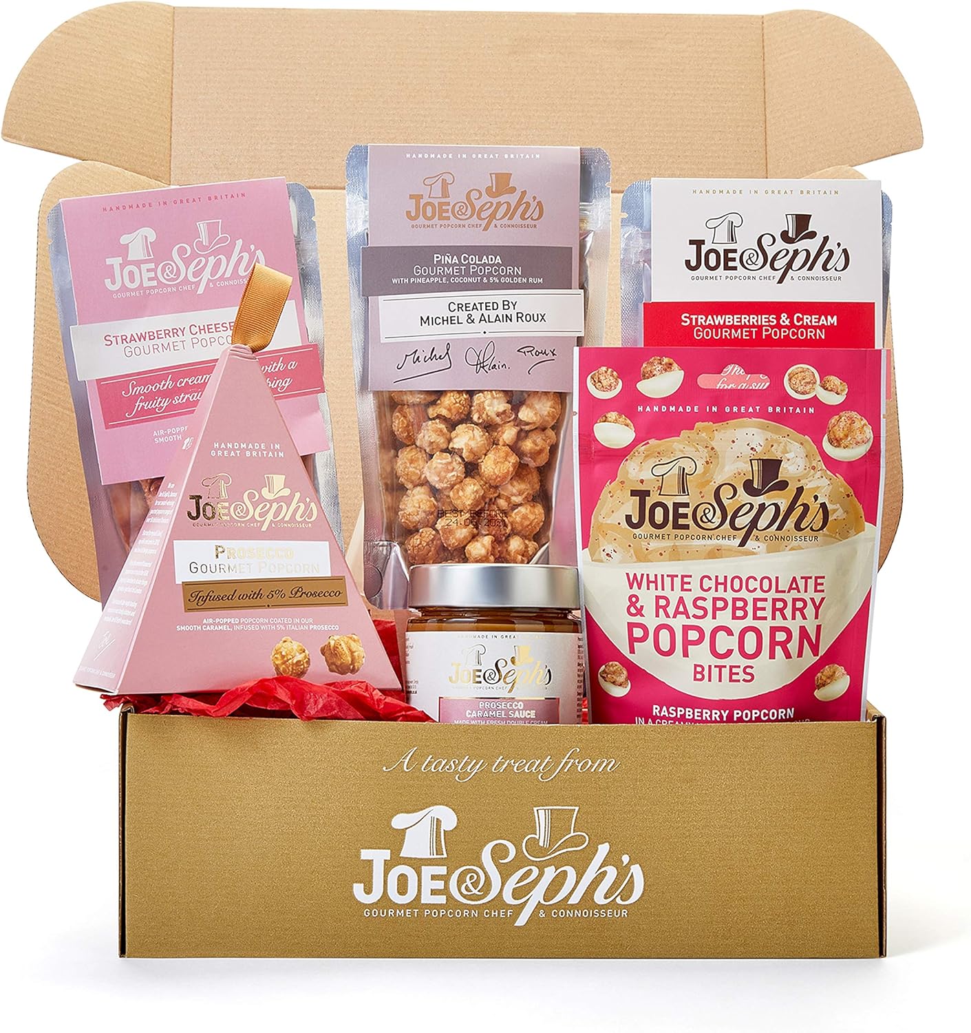 Joe & Seph's Popcorn Pamper Gift Box (1 unit)| gourmet popcorn, Chocolate Popcorn Bites and Caramel Sauce | Vegetarian Friendly | Gluten Free | for Her | Valentines