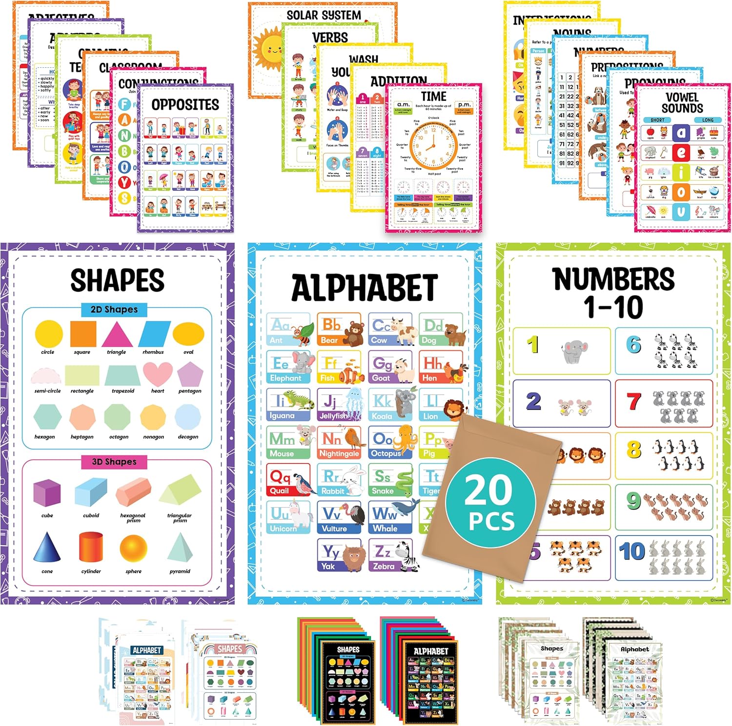 Decorably 20 Vibrant Kids Learning Posters for Kids Ages 3-5, 11x17in Matte-Laminated Educational ABC Posters for Toddlers for Classroom, School Hallways, Bulletin Boards, Homeschool, Home Study Room