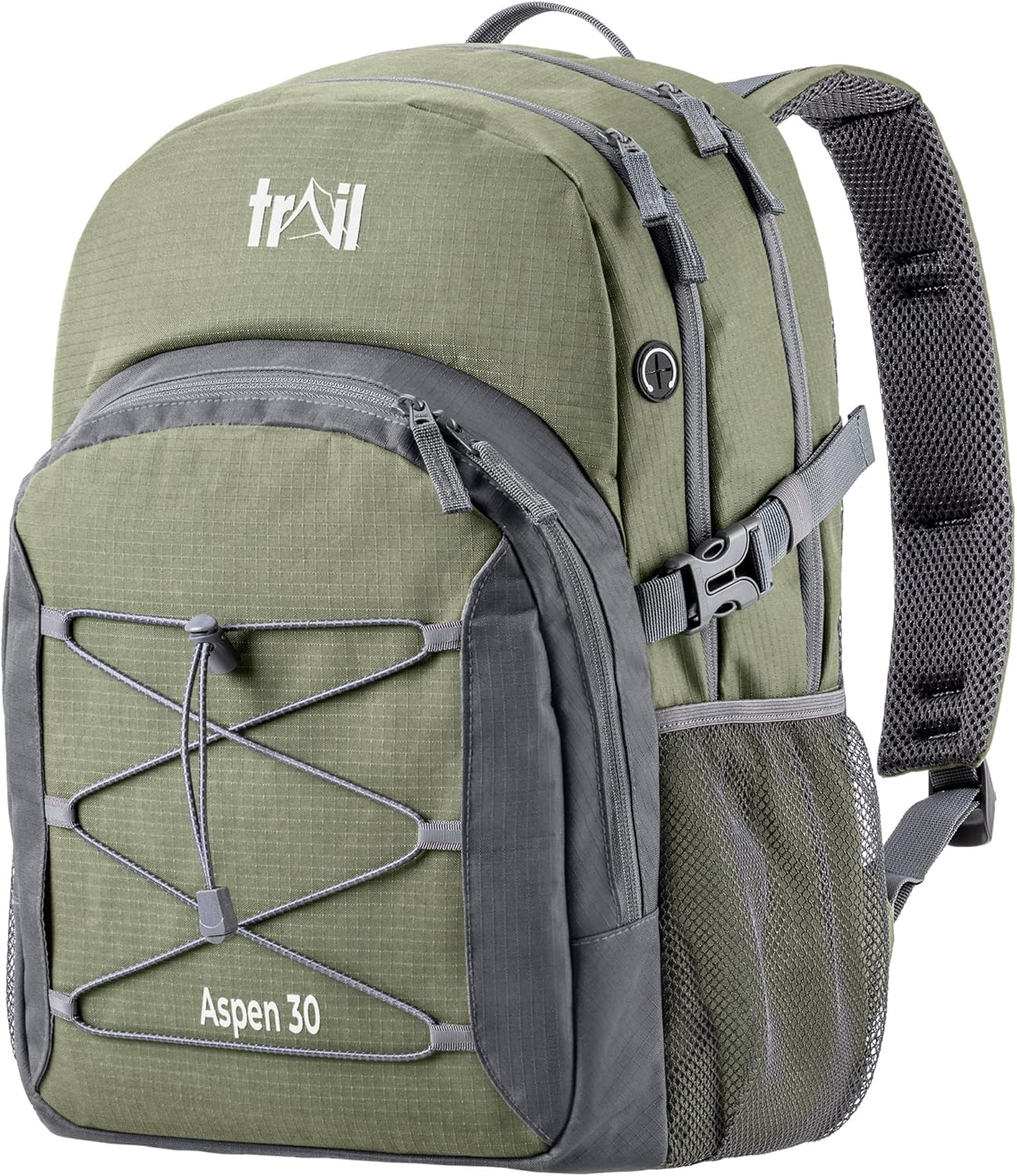 Trail Aspen 30L Day Pack Backpack for School Work Hiking Camping Travelling, Breathable Padded Back & Straps, 3 Zip Compartments, Internal Pockets, Bungee Cords, USB/Headphone Port, Water Resistant