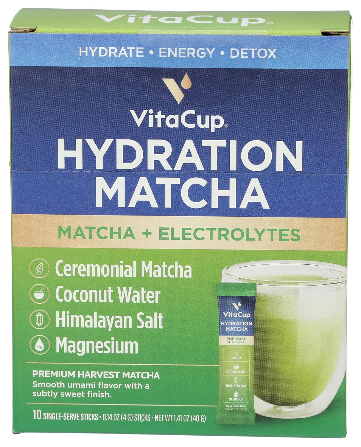VitaCup Hydration Matcha + Electrolytes, Premium Harvest Matcha, 10 Single-Serve Sticks (Pack of 12)
