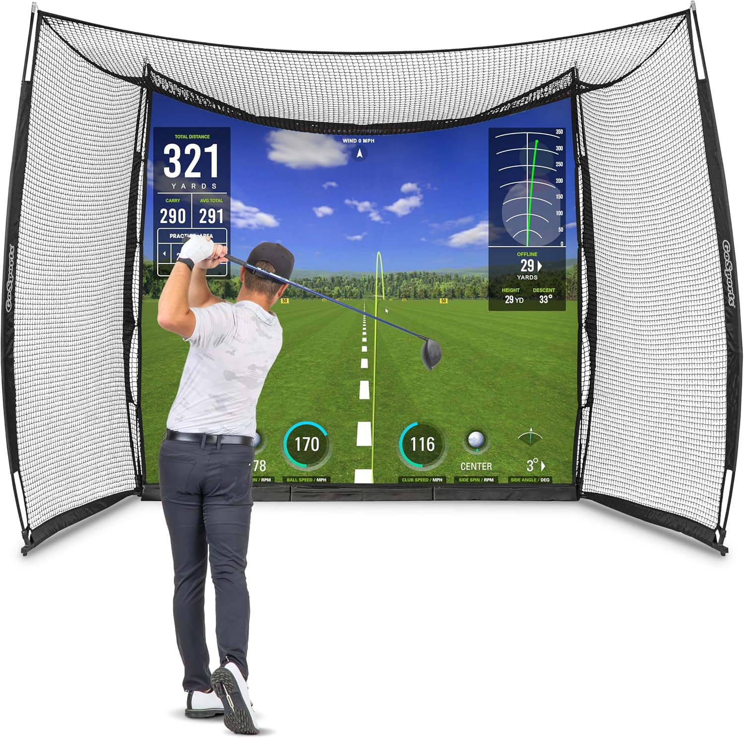 GoSports Range Cage 10 x 8 ft Golf Practice Hitting Net - Choose Between Printed Graphics Impact Screen, Blank Simulator Screen, or Classic Net