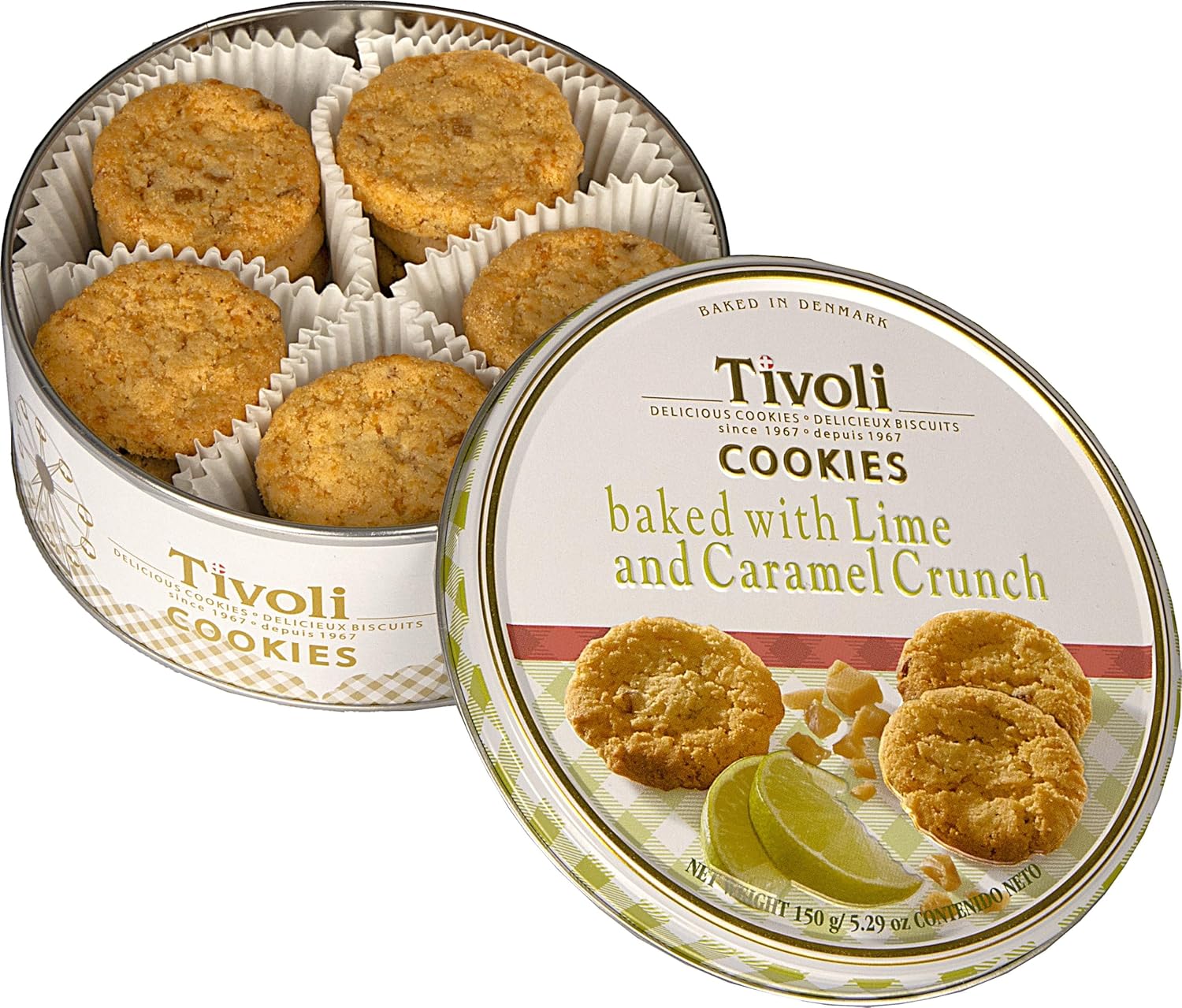 Jacobsens of Denmark Tivoli Cookies baked with Lime and Caramel Crunch 150g - SMALL Tin (139mm diameter x 55mm height) - Traditional Biscuit Tin Gift for Women, Men & Kids