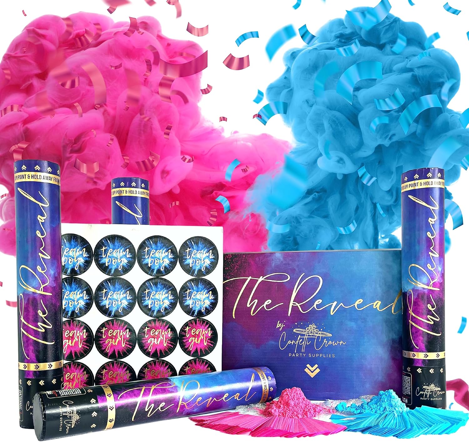 Confetti Crown Baby Gender Reveal Confetti Powder Cannon | 12” [PACK OF 4] 2 Pink & 2 Blue - 100% Biodegradable Confetti & Powder Smoke (Pink/Blue)