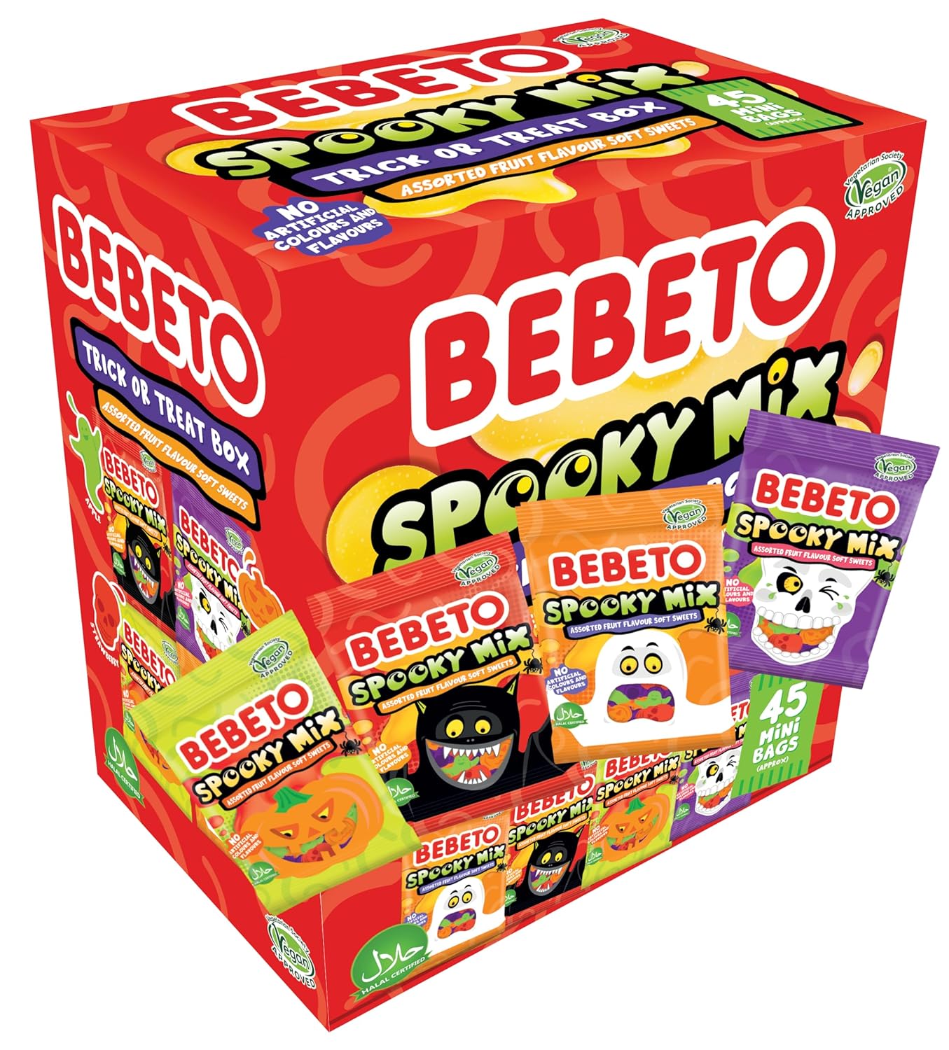 Bebeto Spooky Mix Trick or Treat Box - Individually Wrapped Fun Size Halloween Fruit Snacks - Variety Pack Assorted Candy Mix - Halloween Themed Gummy Candy by Kervan - Vegan - 45 Pouches (23.8 oz)