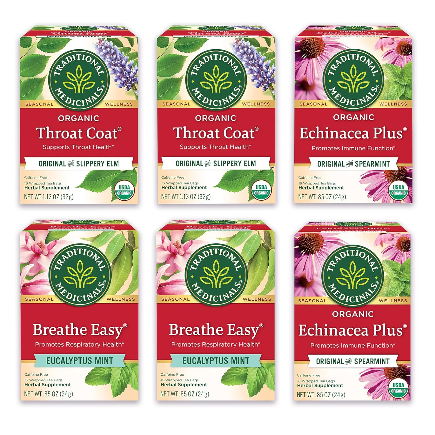Traditional Medicinals Tea, Organic Seasonal Care Variety Pack, Throat Coat, Echinacea, Breathe Easy with Eucalyptus to Support Respiratory Health, 96 Tea Bags, (6 Pack)