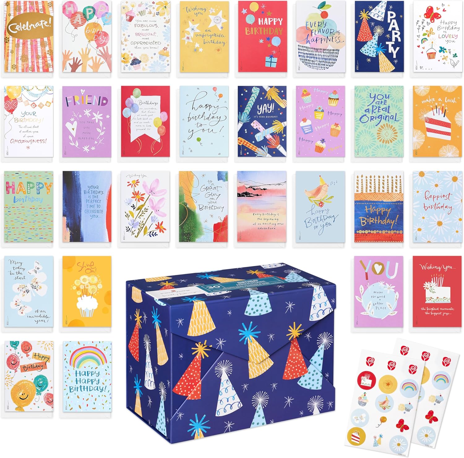 American Greetings 30-Count Birthday Card Assortment Box with Envelopes, Seals, and Storage Box (Kathy Davis Designs, Party Hats)