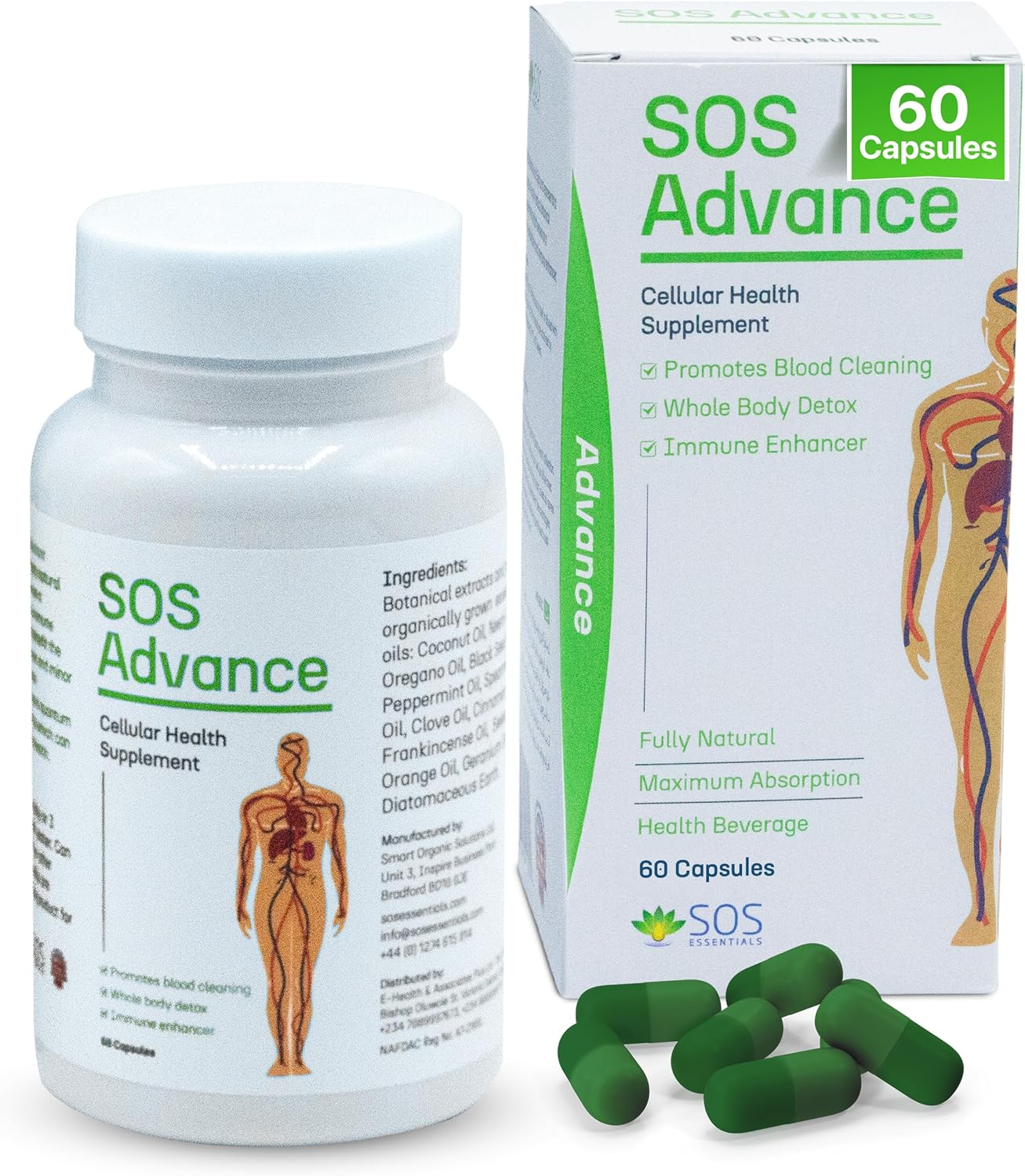 SOS Essentials Advance Capsules – Blood Cleaning Detox Supplement, Immune Enhancer, Natural Organic Blood Wash with Antioxidants, Essential Oils & Plant Extracts – 60 Capsules