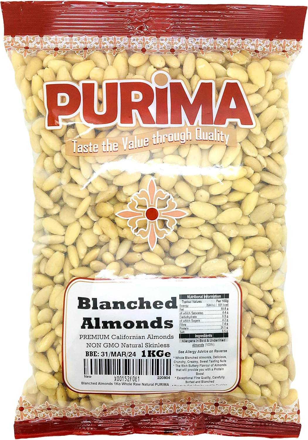 Blanched Almonds 1kg - 100% Raw Whole Almond 1 kg Bag - USA American Californian - Large Premium Quality Kernels Nut - Source of Protein & Fibre - Ideal for Keto & Paleo – Non GMO & Vegan - PURIMA