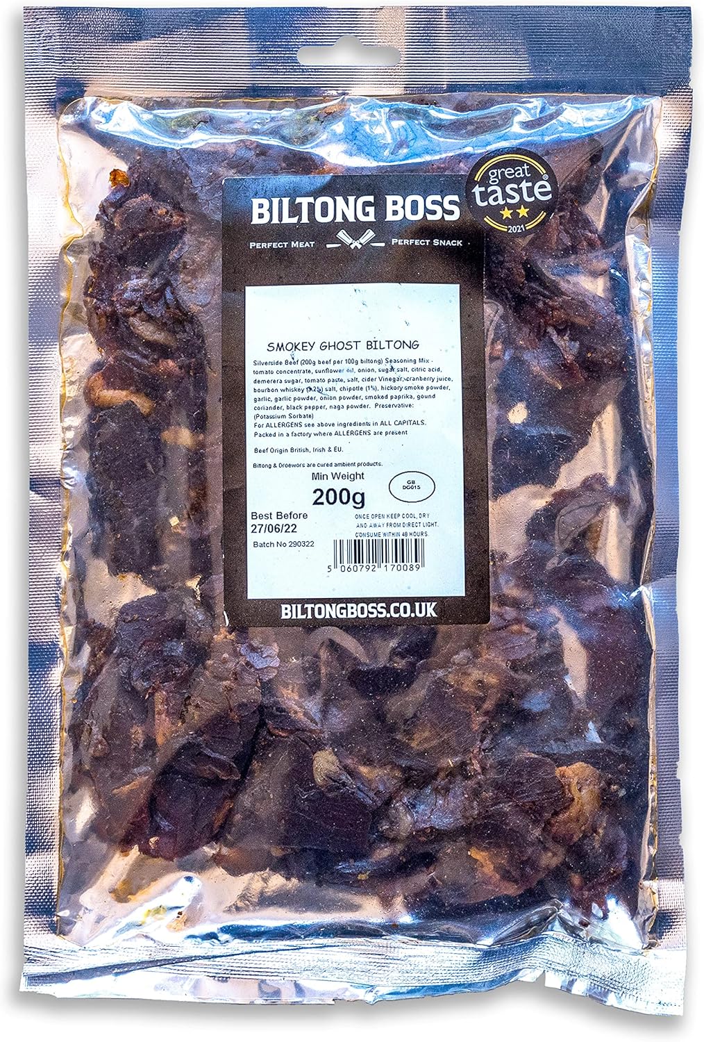Biltong Boss Smoky Ghost Beef Biltong, Premium Beef, High Protein Ready To Eat Healthy Snack, Suitable For Gluten-Free, Paleo, Keto, Atkins Diets & Post-Workout, Low Sugar & Carbohydrates, 200g