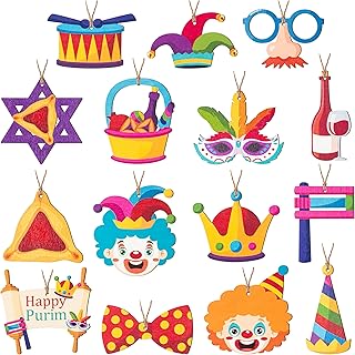 Haooryx 46Pcs Happy Purim Wood Hanging Ornament Gift Tags, Purim Theme Wooden Hanging Pendants Clown Carnival Mask Harman Ear Wood Crafts for Jewish Carnival Holiday Party Purim Day Decor Supplies