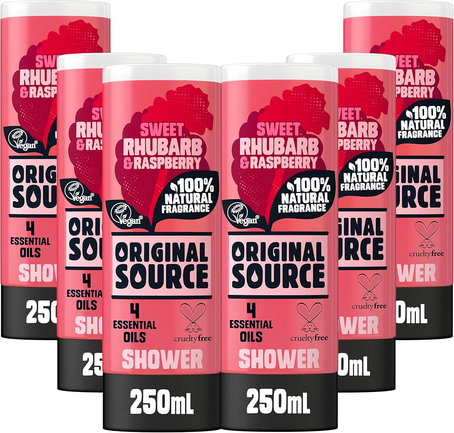 Original Source Rhubarb and Raspberry Shower Gel, 100 Percent Natural Fragrance, Vegan, Cruelty Free, Paraben Free, Bulk Buy, Pack of 6 x 250 ml