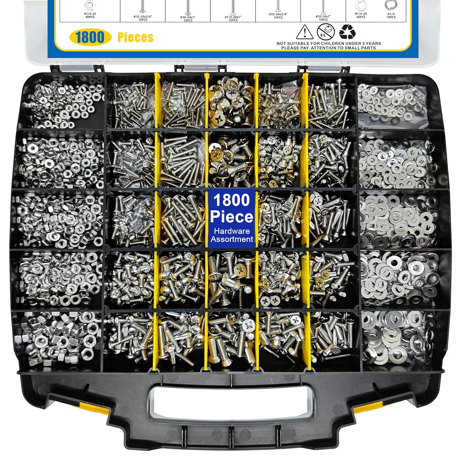 1800 Pieces Hardware Assortment Kit, Nuts and Bolts Assortment Kit, Stainless Steel Phillips Pan Head & Flat Head Screws, Assorted Nuts Bolts Washers with Double Sided Organizer Box (Yellow)