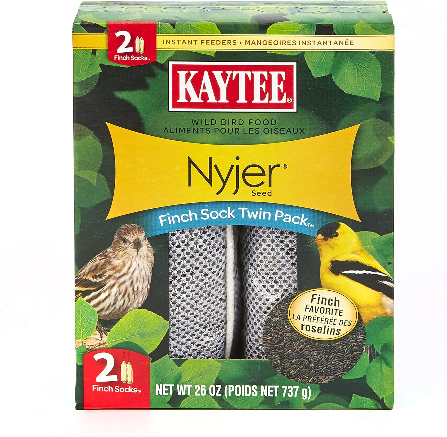 Kaytee Nyjer Wild Bird Food Seed Finch Twin Pack Sock Instant Feeder, 26 Ounce