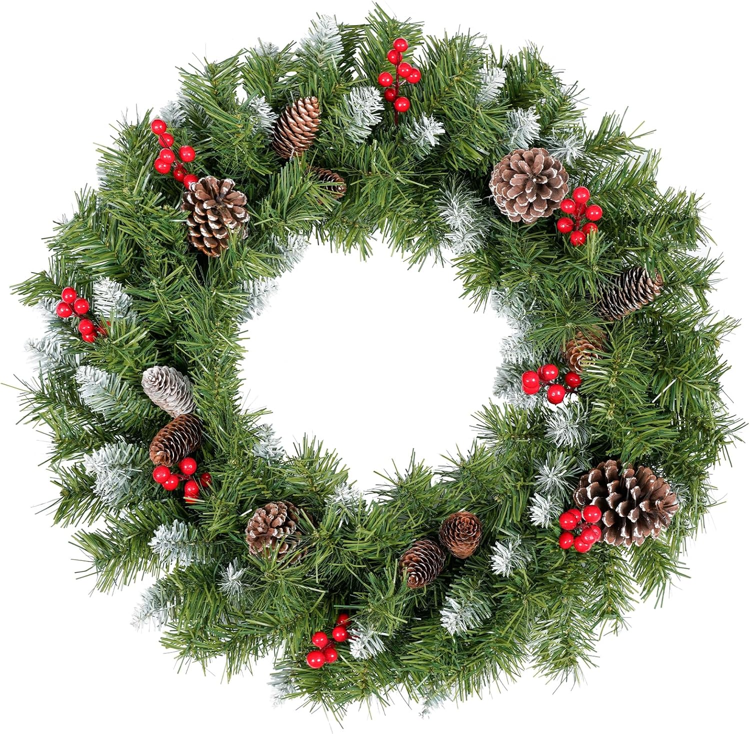 himaly 60 cm / 2 ft Artificial Christmas Round Wreaths Snowflakes Decoration, 120 Pine Leaves Tips, 8 Large Pine Cones, 8 Red Berries, Green Garlands Hanging, Christmas Decoration