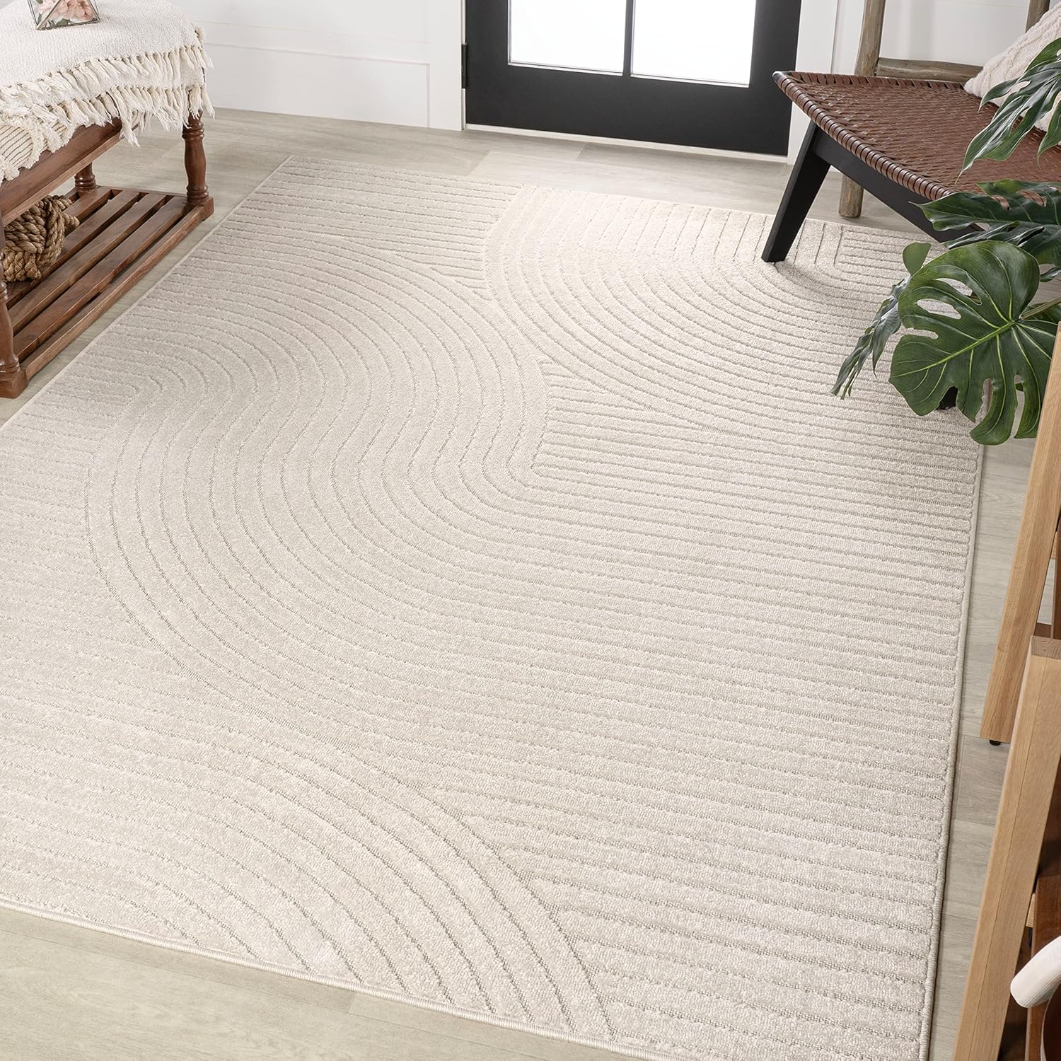JONATHAN Y Hallie High-Low Curve Ivory/Cream Indoor/Outdoor Area Rug, 8x10, Minimalist, Pet Friendly, Non-Shedding, Stain Resistant, Hose-Washable for Backyard, Patio, Porch (SCN100B-8)