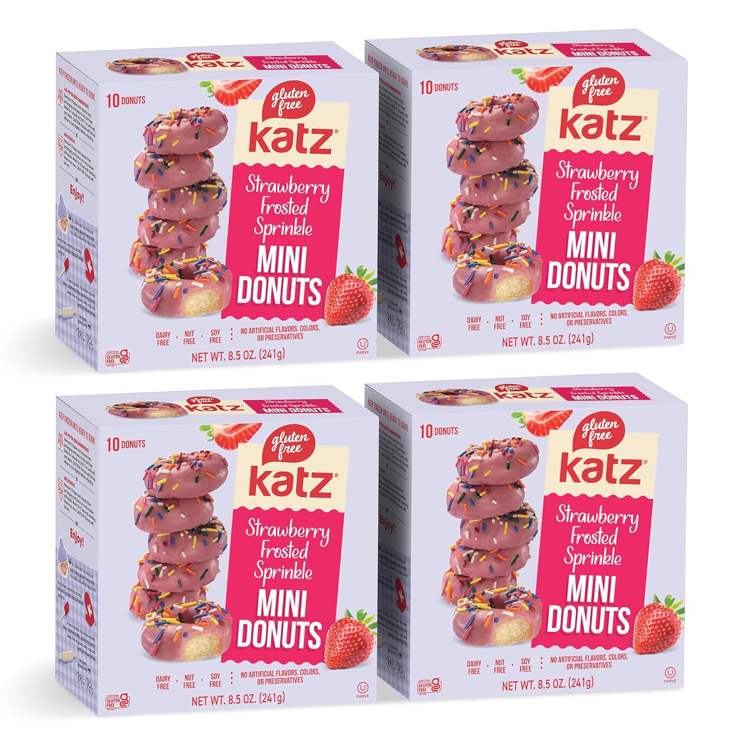 Katz Gluten Free Strawberry Frosted Mini Sprinkle Donuts. Kids Snack with Rainbow Sprinkles. Free of Dairy, Peanuts, Tree Nuts, and Sesame, No Artificial Color. Kosher (4Pk)