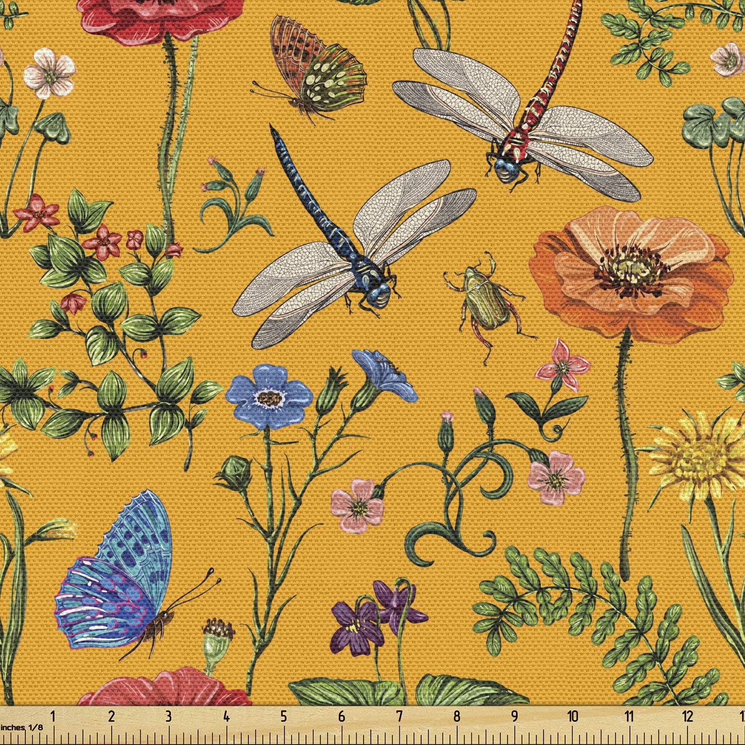 Lunarable Dragonfly Fabric by The Yard, Botany Gardening Theme with Plants Insects Meadow Yard Provence, Decorative Fabric for Upholstery and Home Accents, 1 Yard, Marigold Fern
