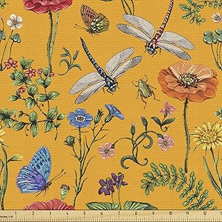 Lunarable Dragonfly Fabric by The Yard, Botany Gardening Theme with Plants Insects Meadow Yard Provence, Decorative Fabric for Upholstery and Home Accents, 1 Yard, Marigold Fern