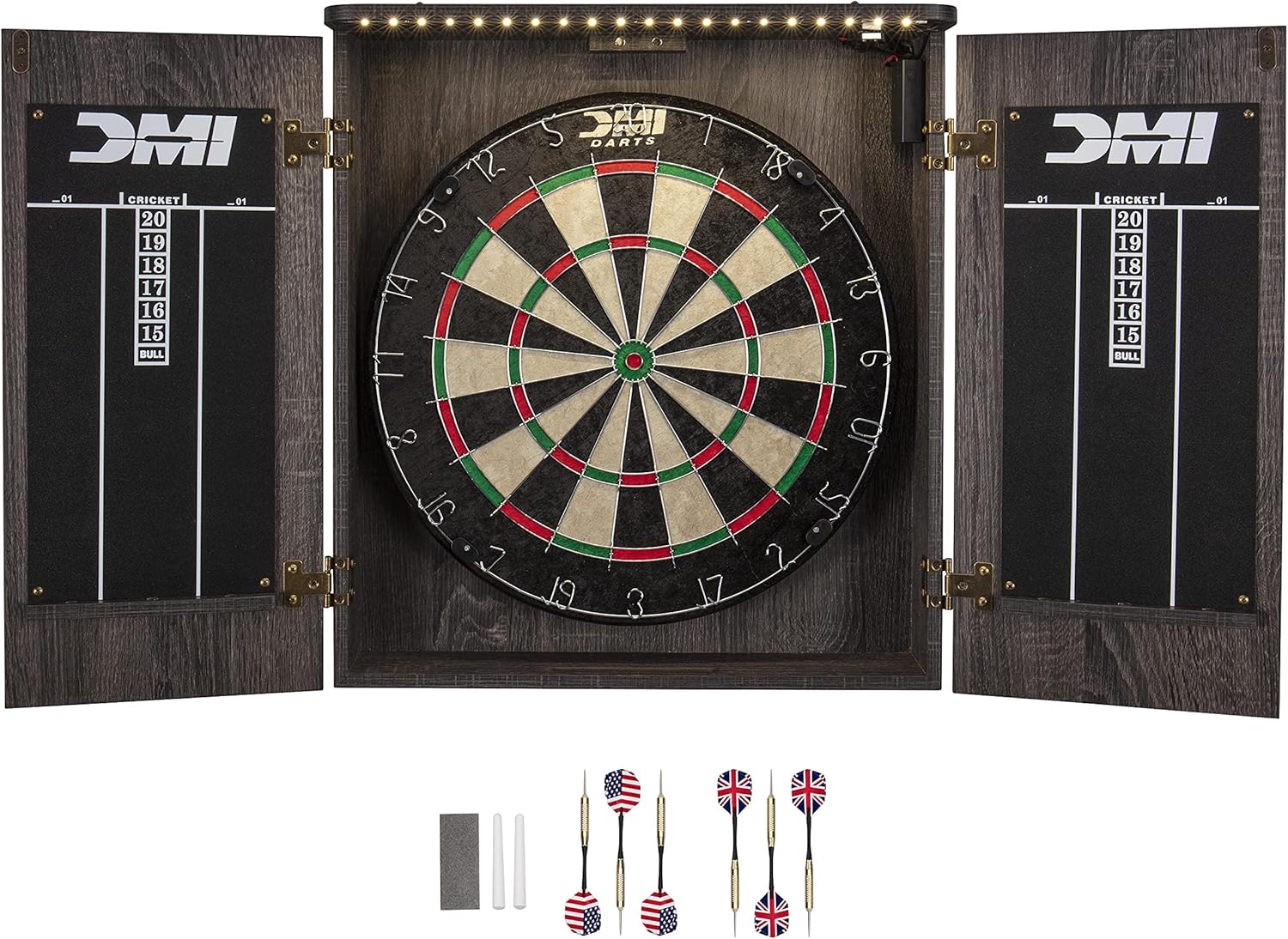 DMI Sports Paris Bristle Dartboard Cabinet Sets - Includes LED Lighting or Electronic Scoring Option, Rustic Grey (D4400W)
