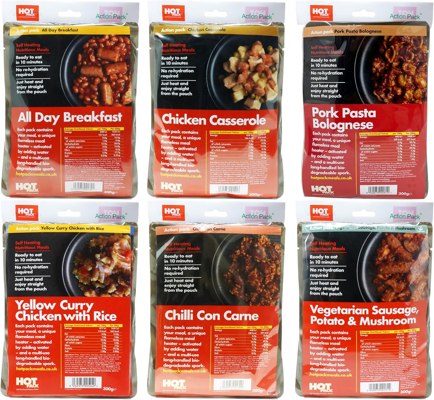 EVAQ8 Self-Heating Meals (Pack of 6) – Pre-Cooked, No Cooking Required | Flame-Less Heater Inside | 300g per Meal ~450 kcal | Outdoor, Emergency & Camping Rations