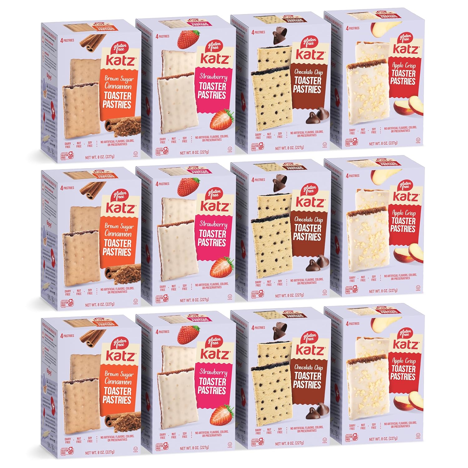 Katz Gluten Free Snacks Toaster Pastries 4 Flavor Fruit Variety Pack Apple Crisp, Cinnamon, Chocolate Chip & Strawberry. Gluten Free. Dairy Free, Nut Free, Peanut Free, Soy Free. 3 of each (12pk)
