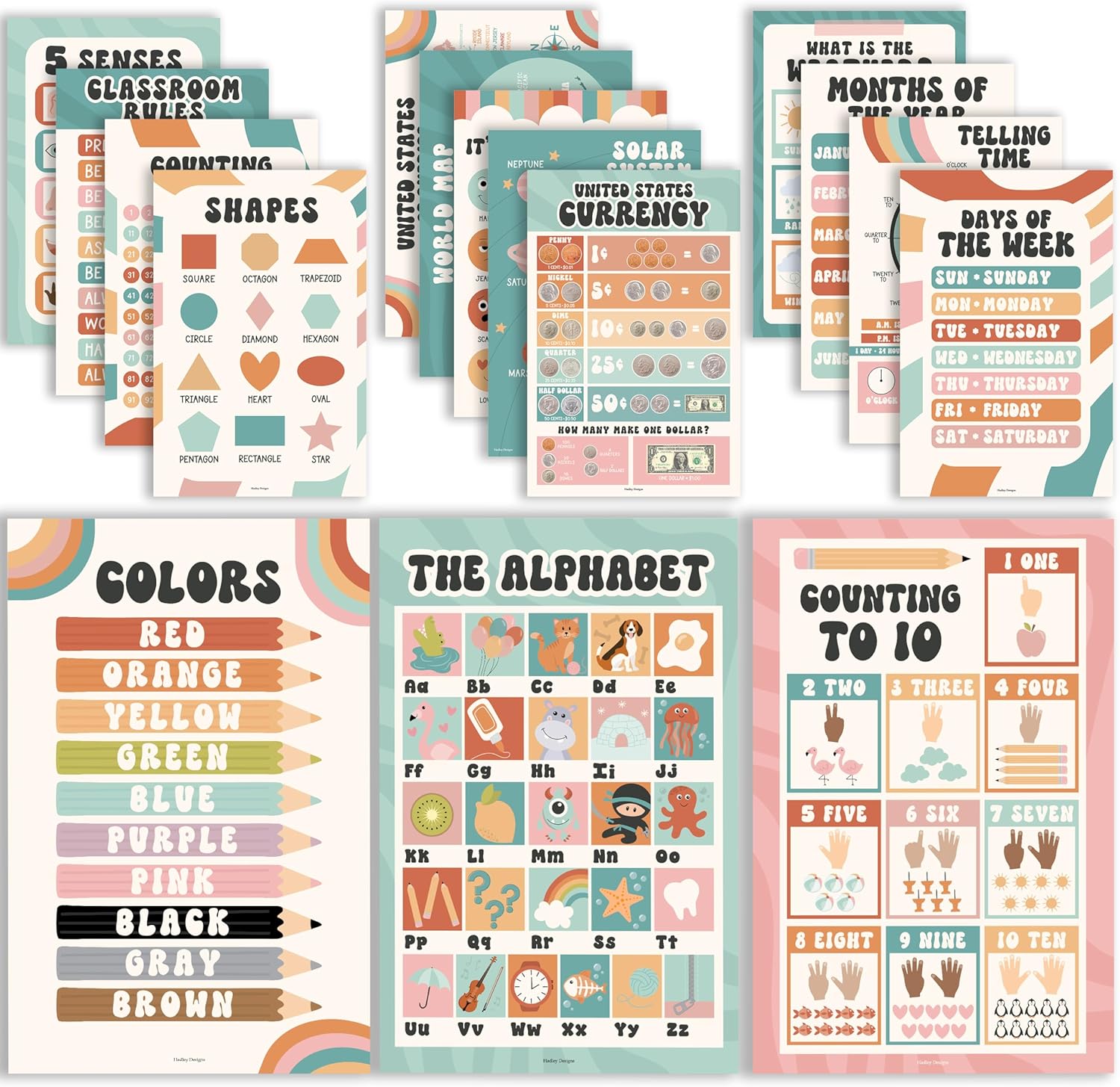 Hadley Designs 16 Educational Posters for Toddlers 1-3, Laminated Toddler Learning Posters for Preschool & Kindergarten, ABC Chart, Numbers, Colors, Shapes, Days of The Week, Retro Classroom Decor