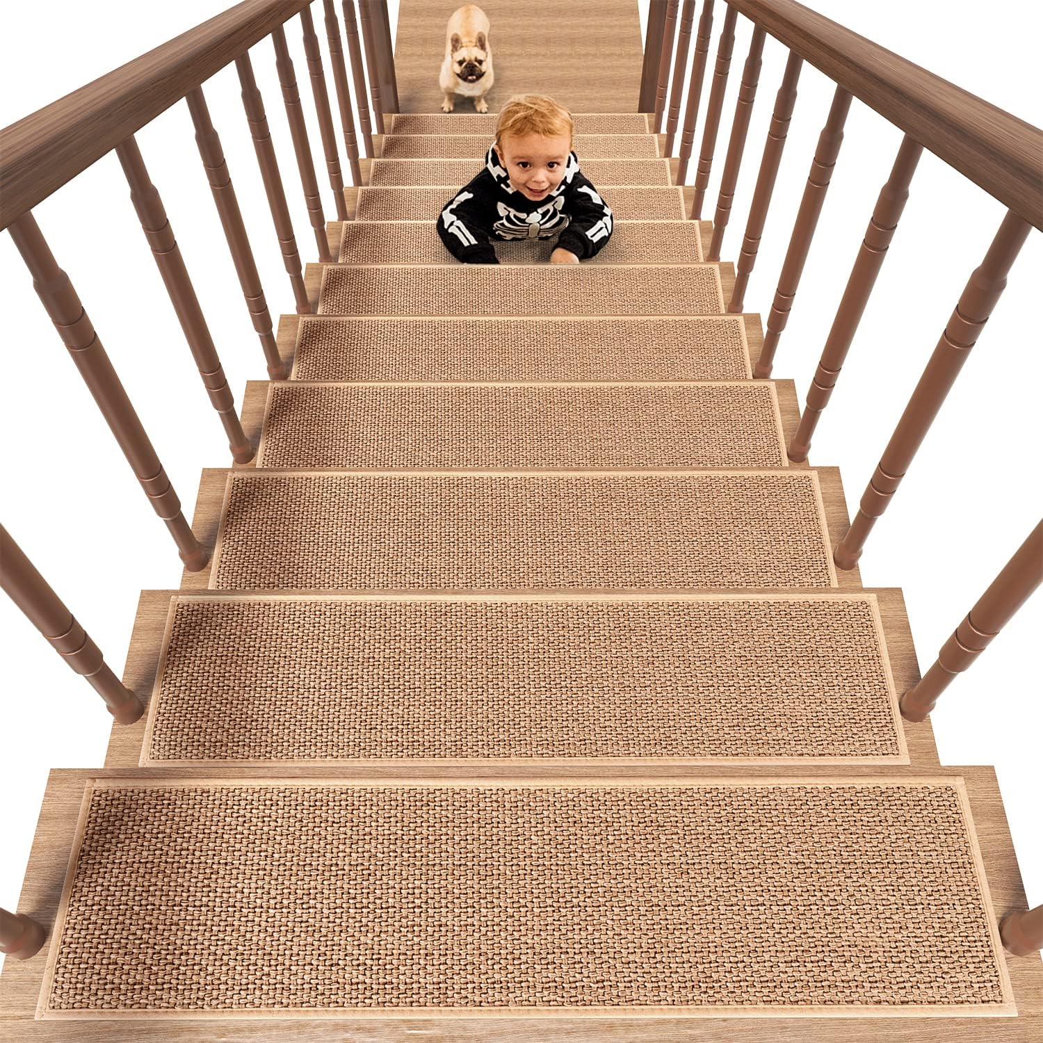 PADOOR Non Slip Stair-Treads, Rubber Backing Stair-Runners for Wooden Steps, 7PCS Residue Free Carpet Stair Treads for Kids and Dogs 8"x30" Beige