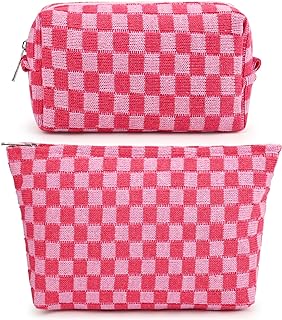SOIDRAM 2 Pieces Makeup Bag Large Checkered Cosmetic Bag Capacity Canvas Mix Travel Toiletry Bag Organizer Cute Makeup Brushes Aesthetic Accessories Storage Bag for Women, Checkered Mix Rose Red