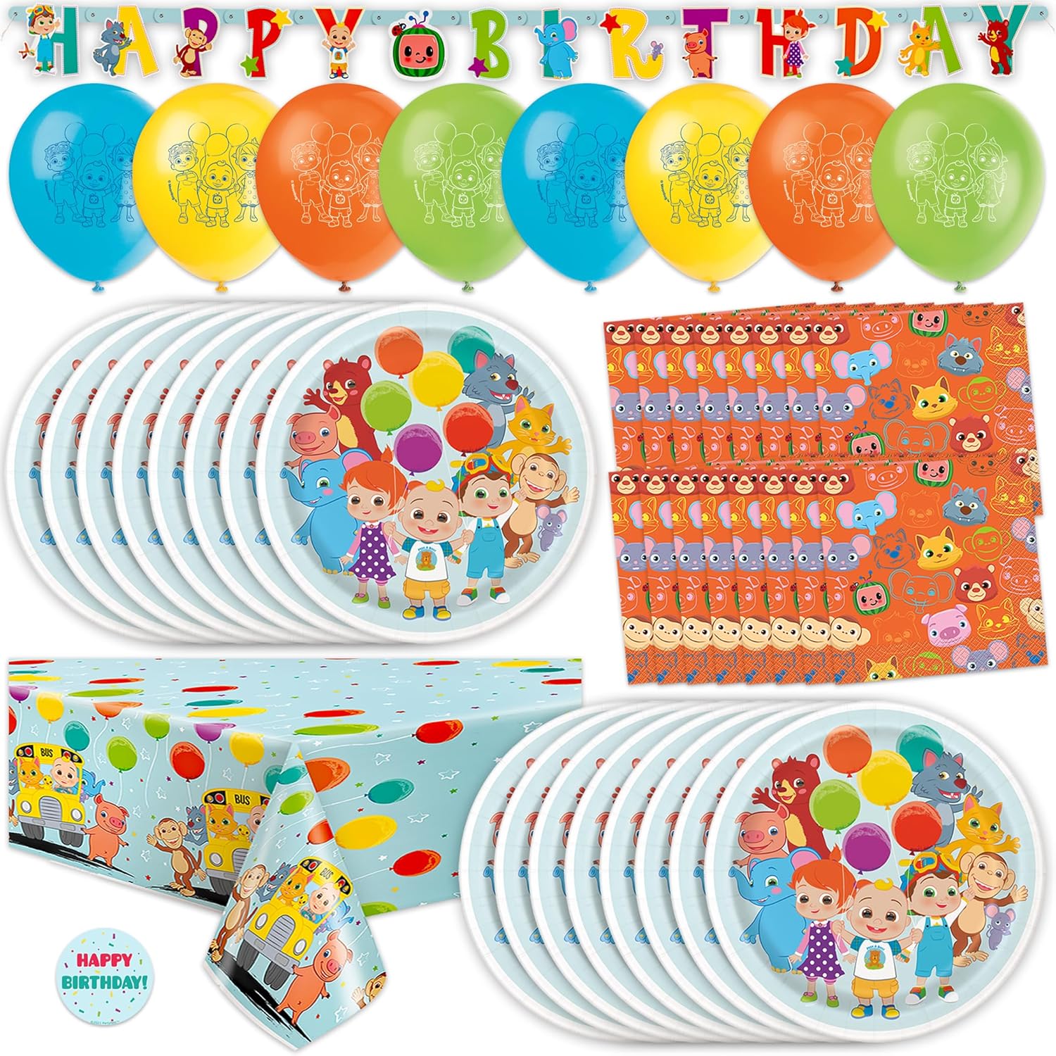 Cocomelon Birthday Decorations | Serves 16 | Balloons, Banner, Tablecloth, Plates, Napkins, Sticker | Cocomelon Party Decorations