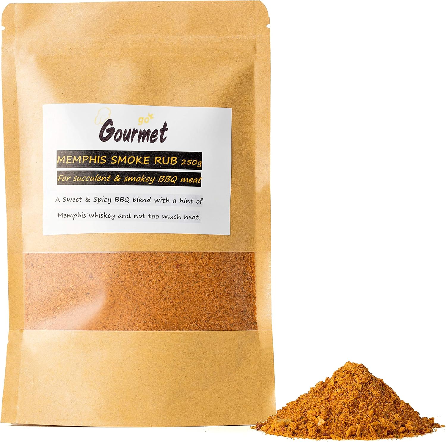 Go Gourmet Memphis BBQ Rub - Finger-Licking BBQ Seasoning for Ribs, Beef Brisket, Pulled Pork, Steak Rub and More - Sweet & Spicy Flavour with a Smokey Hint of Memphis Whiskey - 250g Bulk Bag