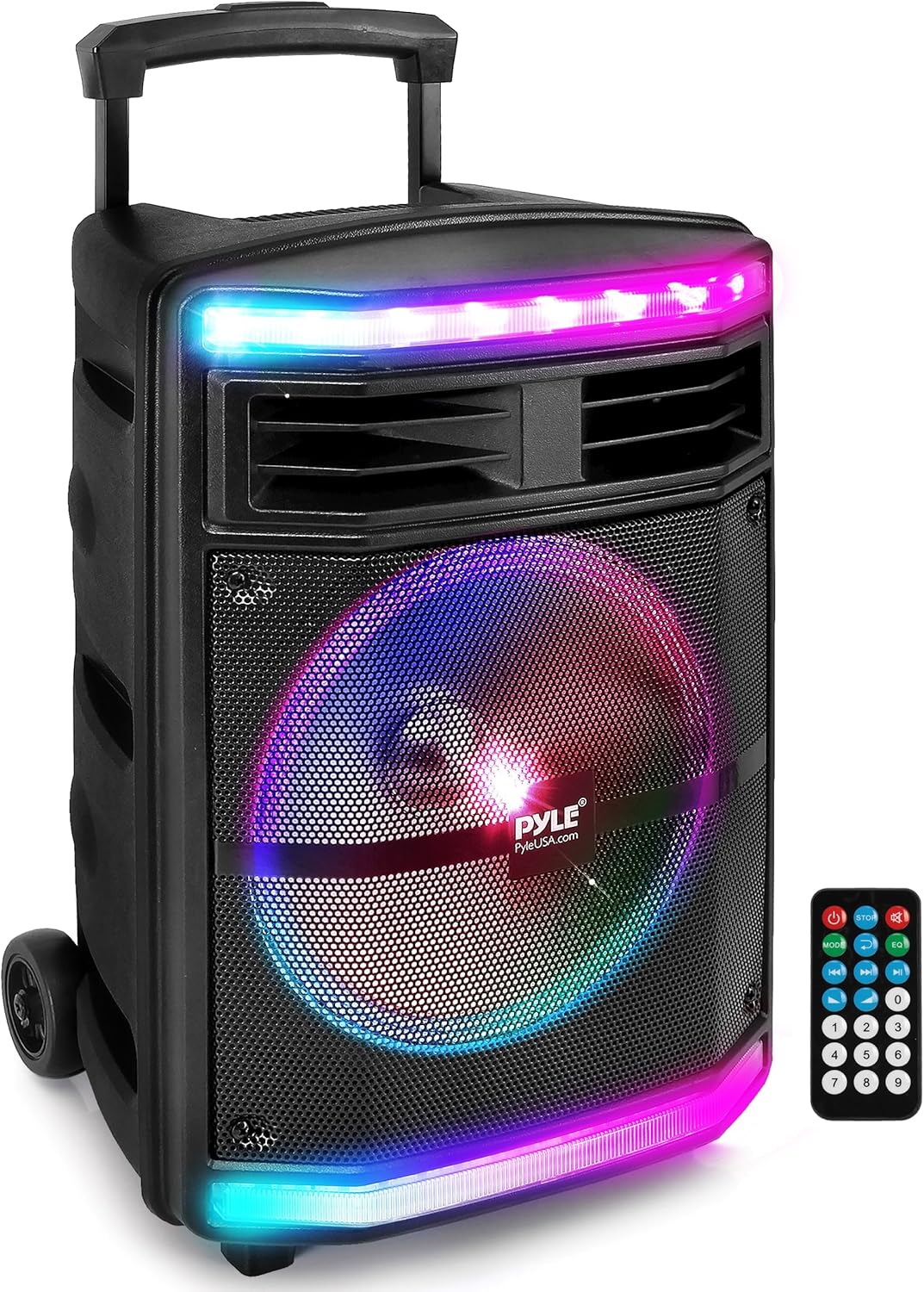 Pyle, Portable PA Speaker, Bluetooth- Loudspeakers, with Rolling Wheels, 600W Rechargeable Battery, Portable Pa System, DJ Speakers, Powerful Loudspeaker with Party Lights, MP3/USB/SD Card Reader