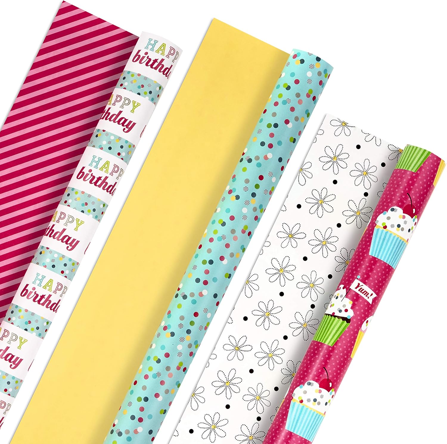 Hallmark Birthday Wrapping Paper Rolls - Colorful Gift Wrap Paper, Flowers, Cupcakes, Striped, Polka Dots (Set of 3 Reversible Rolls: 75 sq. ft. ttl.)