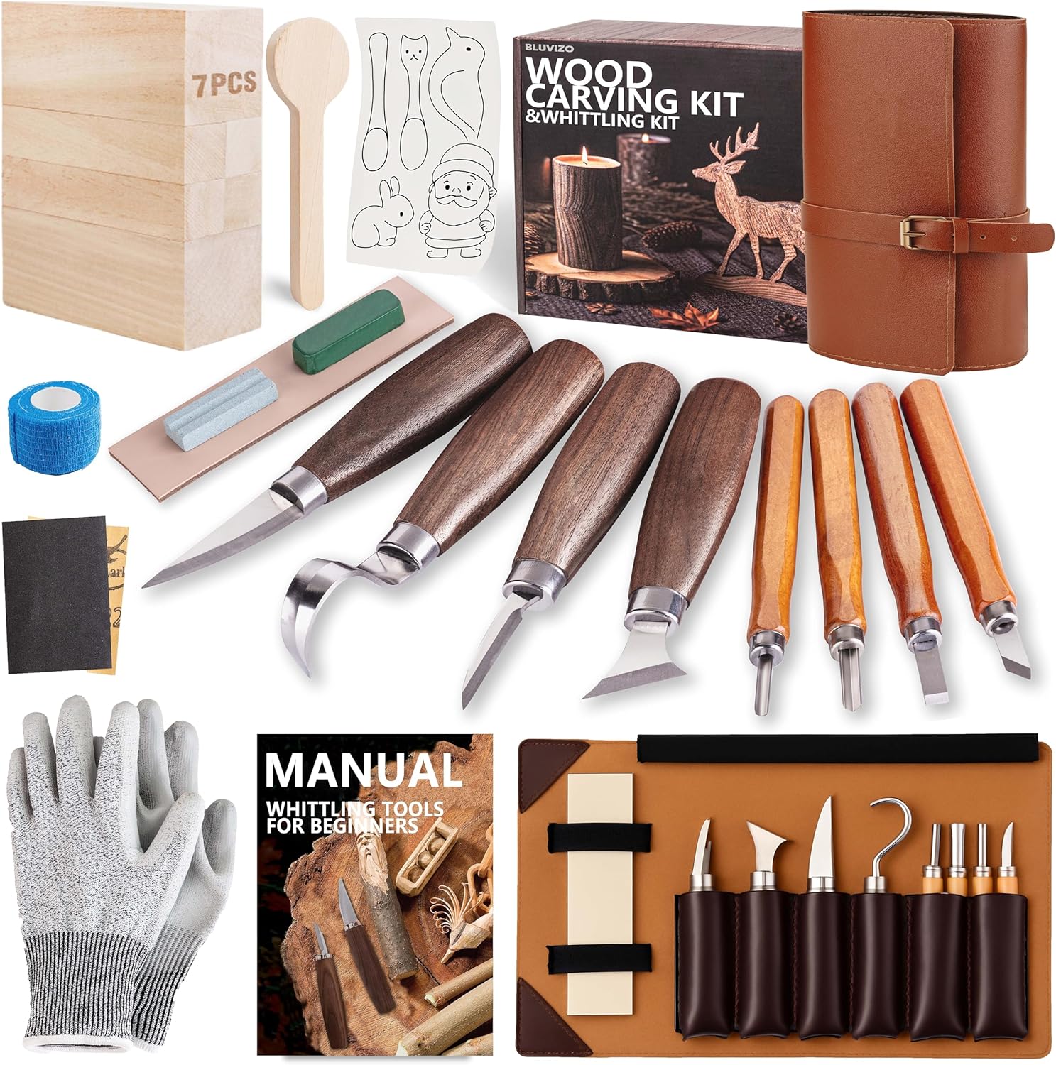 Wood Carving Kit Whittling Kit: Deluxe Wood Carving Tools Knife Set with Leather Case - Woodworking Hobby Kit for Beginners Adults Kids - DIY Art Craft Gift for Men Teens