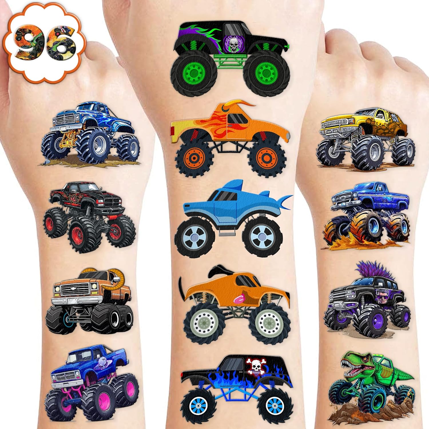 96 PCS Monster Truck Race Car Pre-Cut Temporary Tattoos for Kids | Super Cute Themed Birthday Party Favors, Supplies, Decorations, Fake Tattoo Stickers (Multiple)