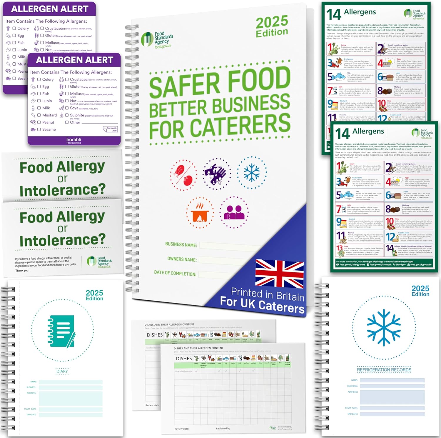 Safer Food Better Business 2025, Food Safety Book for Caterers, 13 Month Diary, Fridge Temperature Records, Allergen Labels & Posters - SFBB Food Safety Pack for Restaurants, Takeaways, Pubs, Cafes
