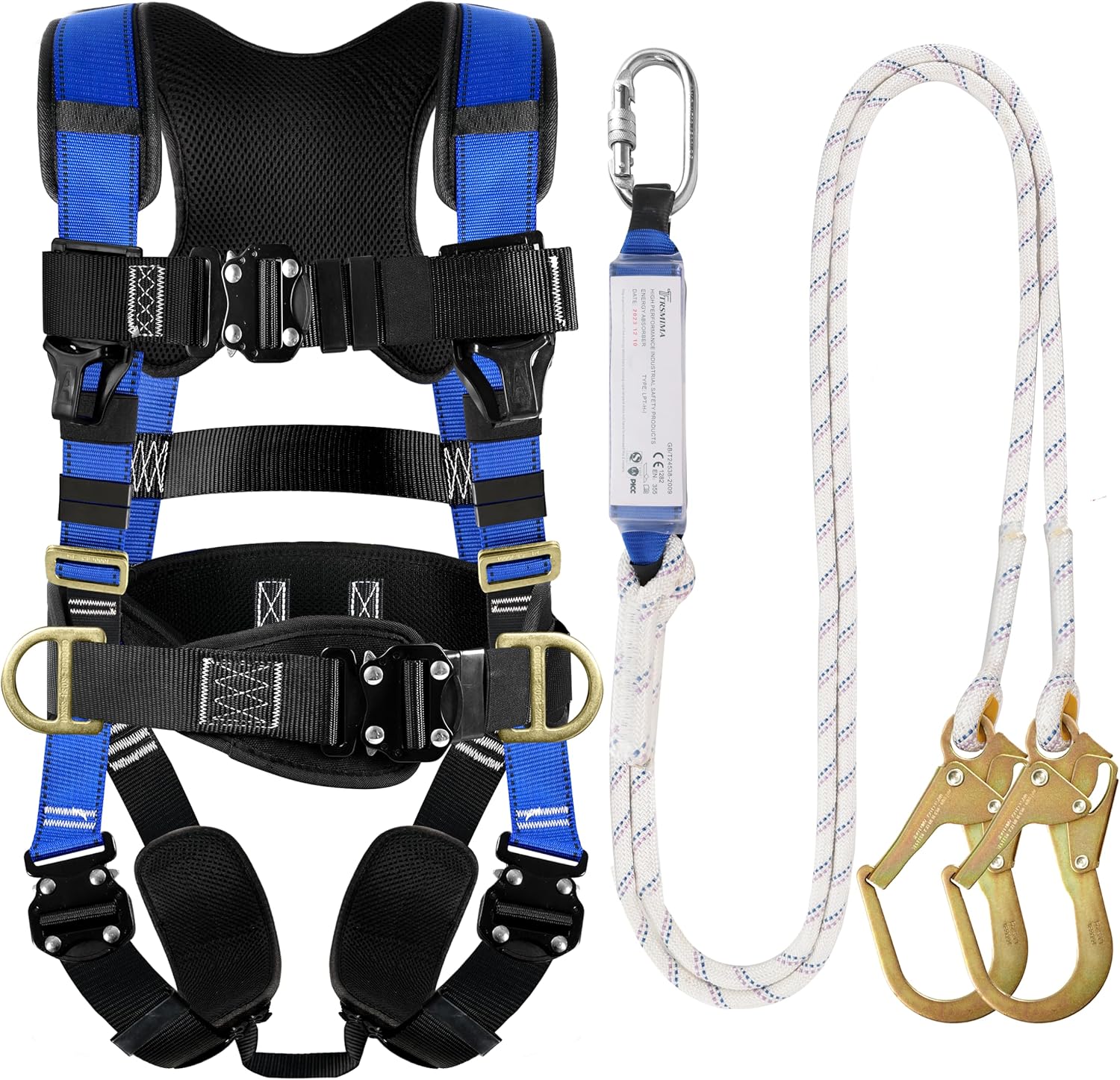 TRSMIMA Safety Harness Fall Protection - Roofing Harness Kit Men Full Body Construction Harness with Lanyard for Work Upgrade 4 Quick Buckles