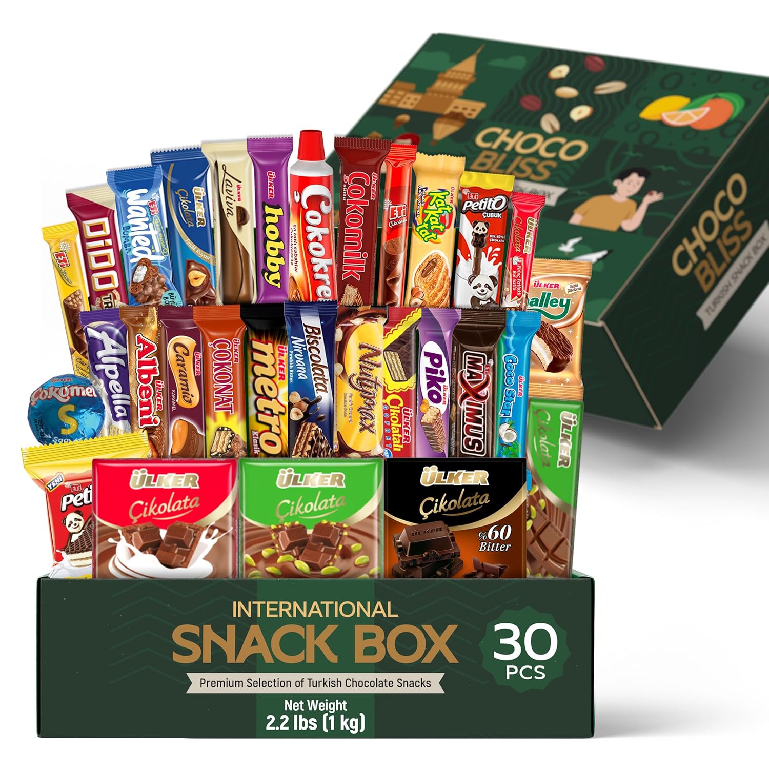 Eastanbul International Snack Box, 30 Chocolate Assortment Bars, Turkish Exotic Snacks, Assorted Candy Variety Pack of Foreign Snacks Exotic Candy Box of Assorted Chocolate