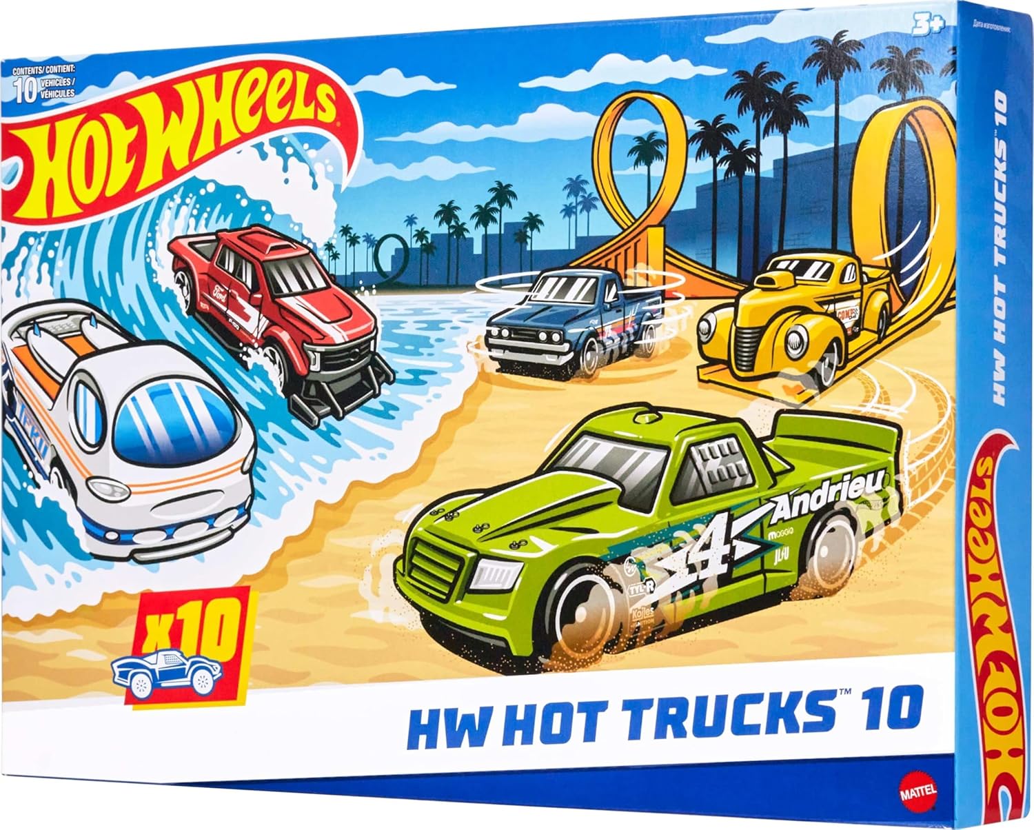 Hot Wheels Toy Trucks 10-Pack (Assorted Styles, One Random Set), Set of 10 Die-Cast 1:64 Scale Utility, Racing & Other Pickups or Vans, Modern & Retro Models, HYM97