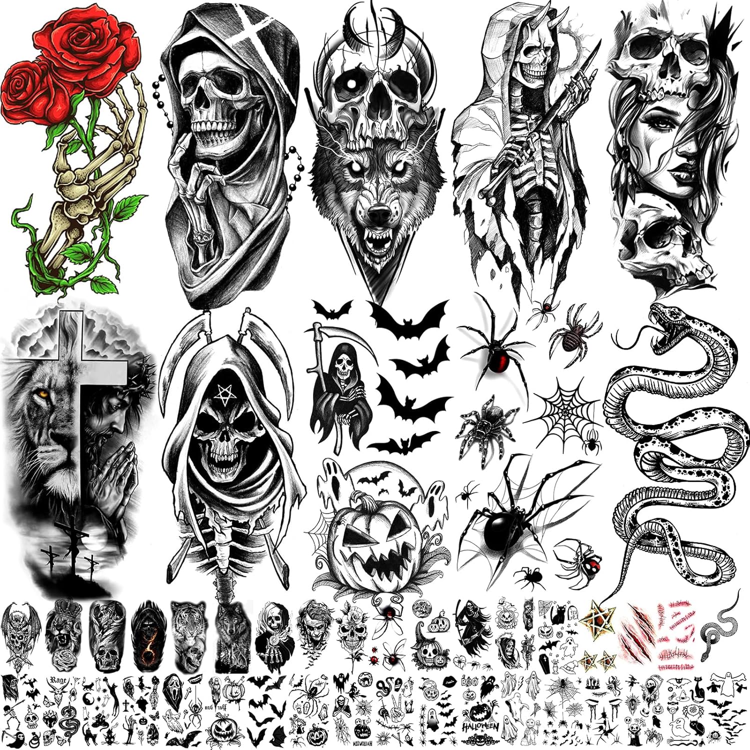 52 Sheets Black Halloween Temporary Tattoos for Kids Men Women, Include 10 Sheets Large Half Arm Sleeve Fake Tattoos, 200+ PCS Spider Snake Tiger Lion Skull Bat Vampire Scar Halloween Tattoos