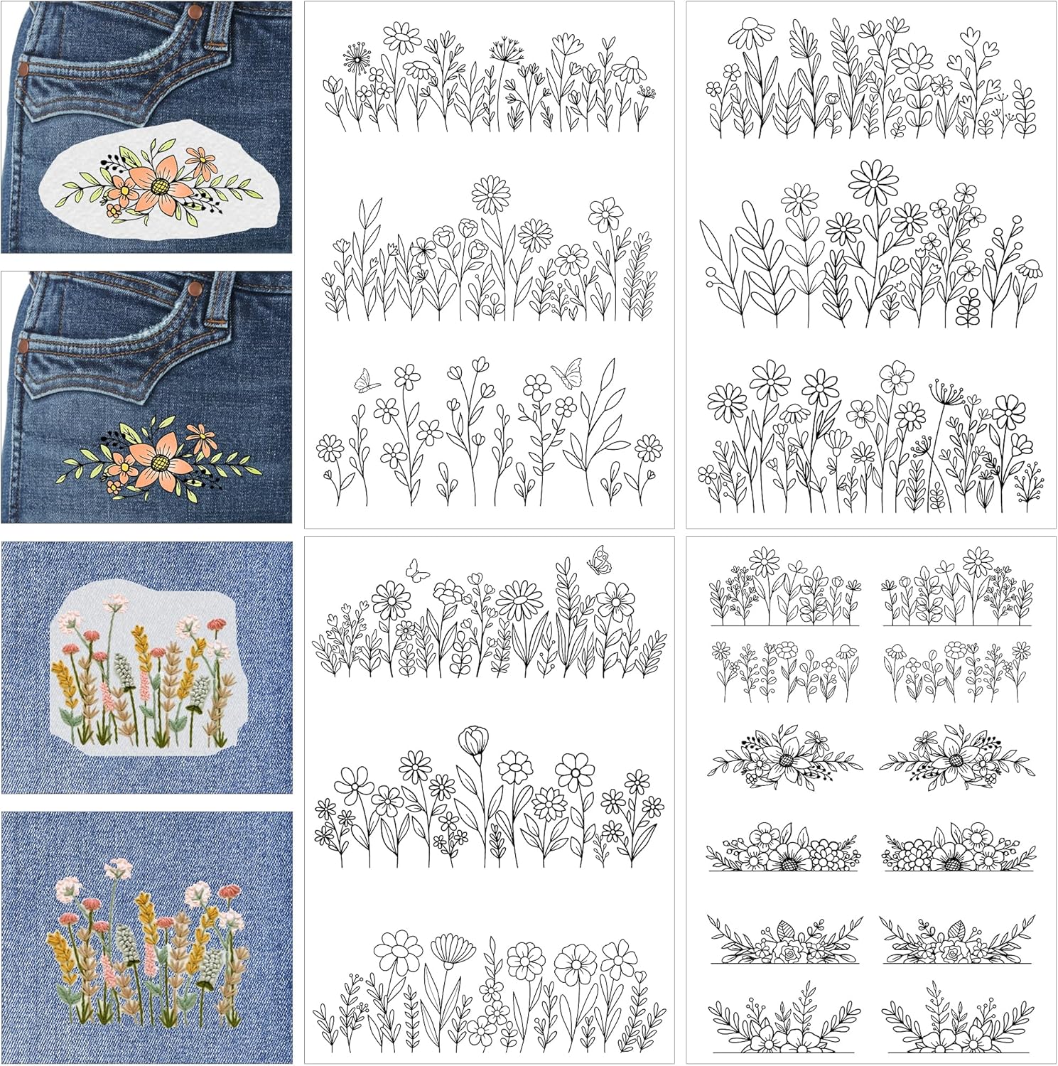 Water Soluble Stabilizer Embroidery Patterns - CRASHOT 4 Sheets Stick and Stitch Embroider Paper Wash Away, Flower Floral Daisy Butterfly Designs, Suprise for Hand Sewing Lover