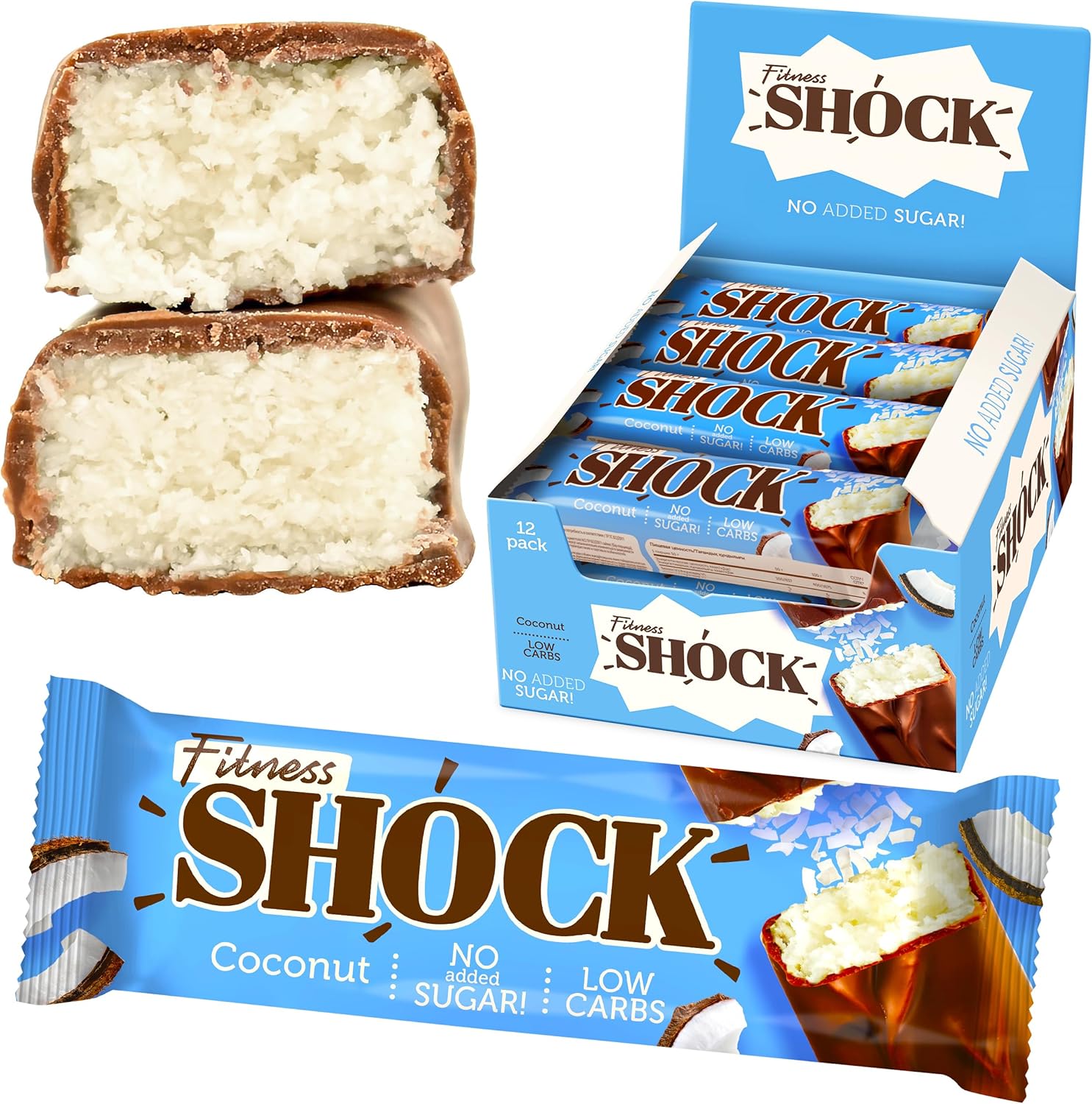 Fitnesshock Protein Bar 12-Pack no added sugar, low carb (3.5g), rich in fibre, low calories, 12pcs Fitness chocolate protein bar, no flour and palm oil, 12x50g coconut flavor