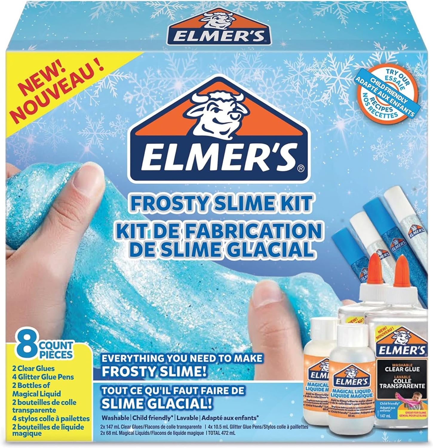 Elmer’s Glue Frosty Slime Kit | with Clear PVA Glue, Glitter Glue Pens & Magical Liquid Activator Solution | 8 Count