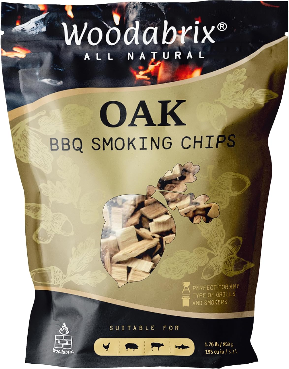 BBQ Smoking Wood Chips for Charcoal, Gas BBQ/Smoker, 100% Natural, 800 g/1.76 lb (3.2 Litre / 195 cu in), Oak