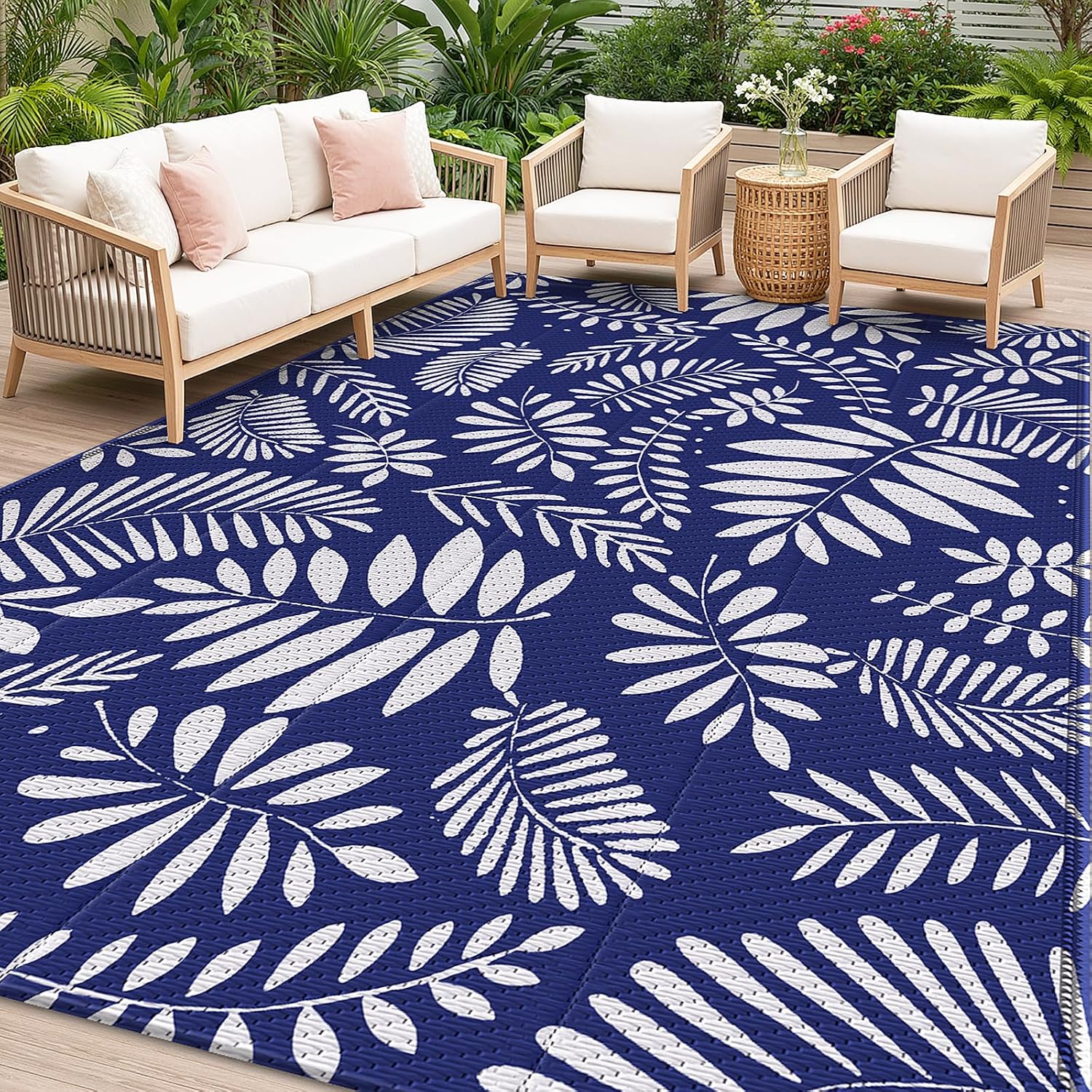 StepRite Outdoor Rug, Patio Rug, Plastic Straw Camping Rugs, Large Waterproof Area Rug and Mat for Outdoors, RV, Patio, Backyard, Deck, Porch, Beach, Balcony, (5'x 8', White & Blue)